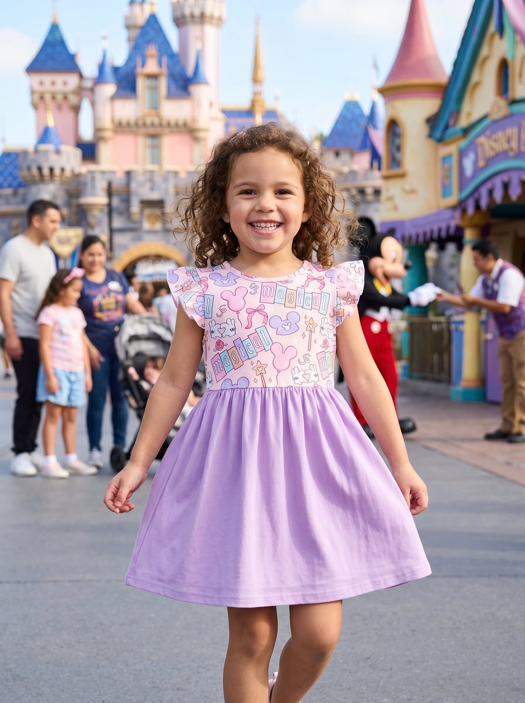 Magical Mickey Castle Ruffle Sleeve Dress Kids, White Pastel Disneyland Vacation Dress