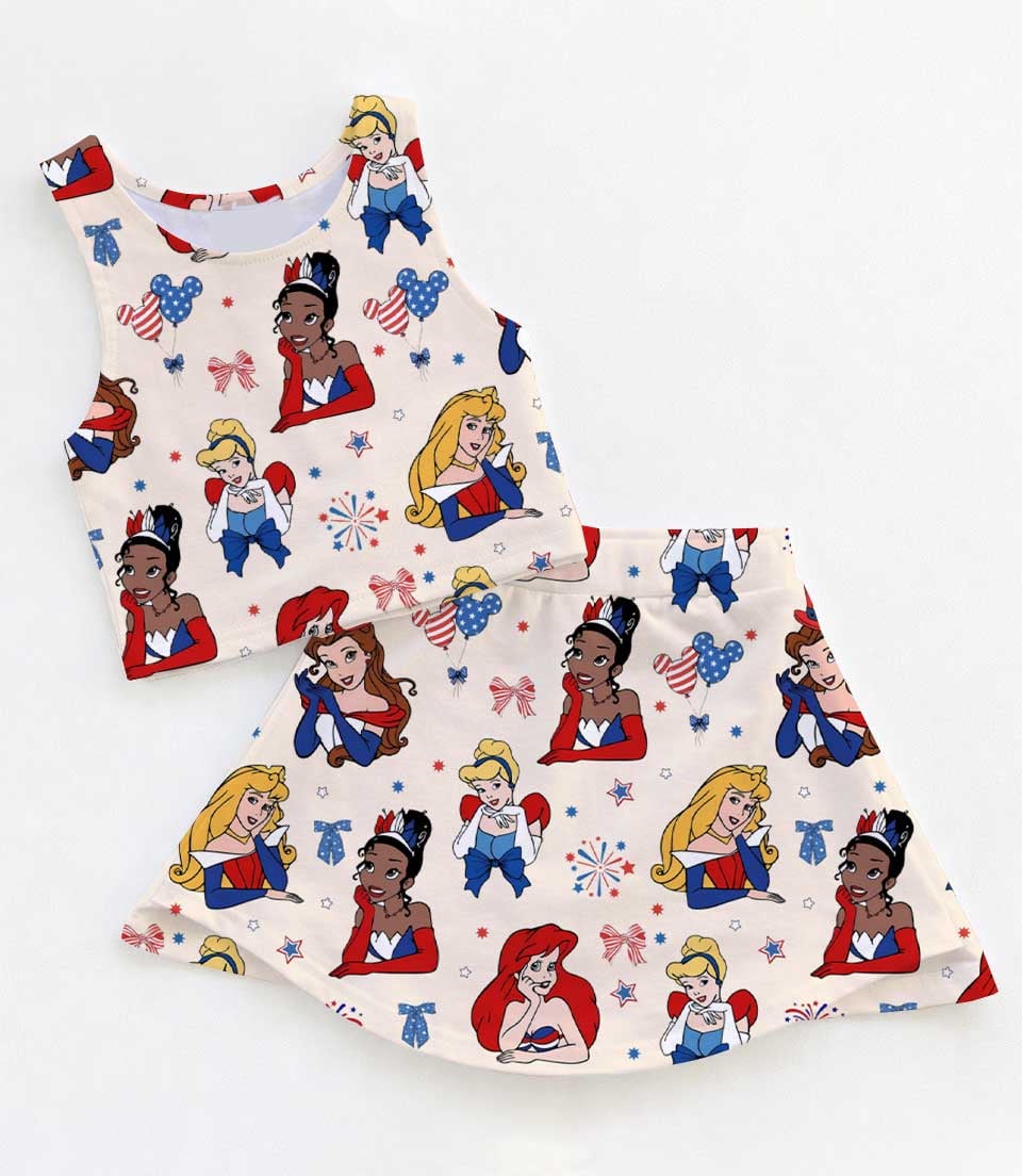 Disney Princess Family Matching Dress Set, Cinderella Ariel Belle Tiana Snow White Two Piece Dress Set, USA Patriotic Fireworks Mom and Me Outfit Costume