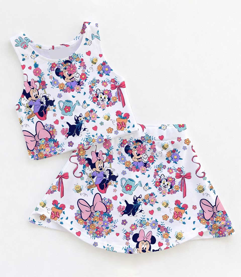 Disney Floral Mickey Minnie Stitch Family Matching Dress Set, Cute Garden Bee Flower Two Piece Dress Set, Spring Summer Mom and Me Outfit Costume
