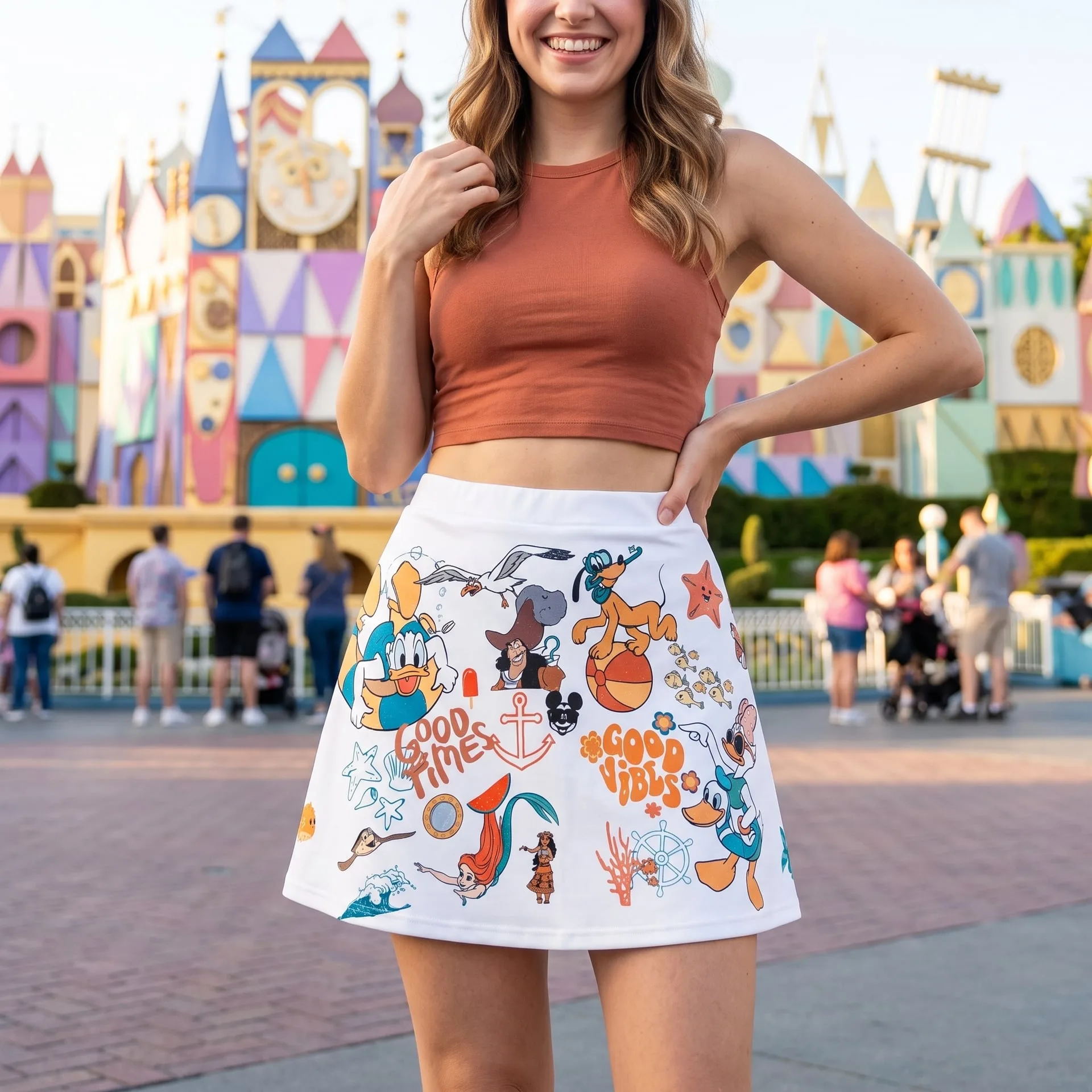 Mickey Good Vibes Skater Skirt, Mickey And Friends Disneyland Family Trip Outfit Disney Vacation Skirt - Image 4