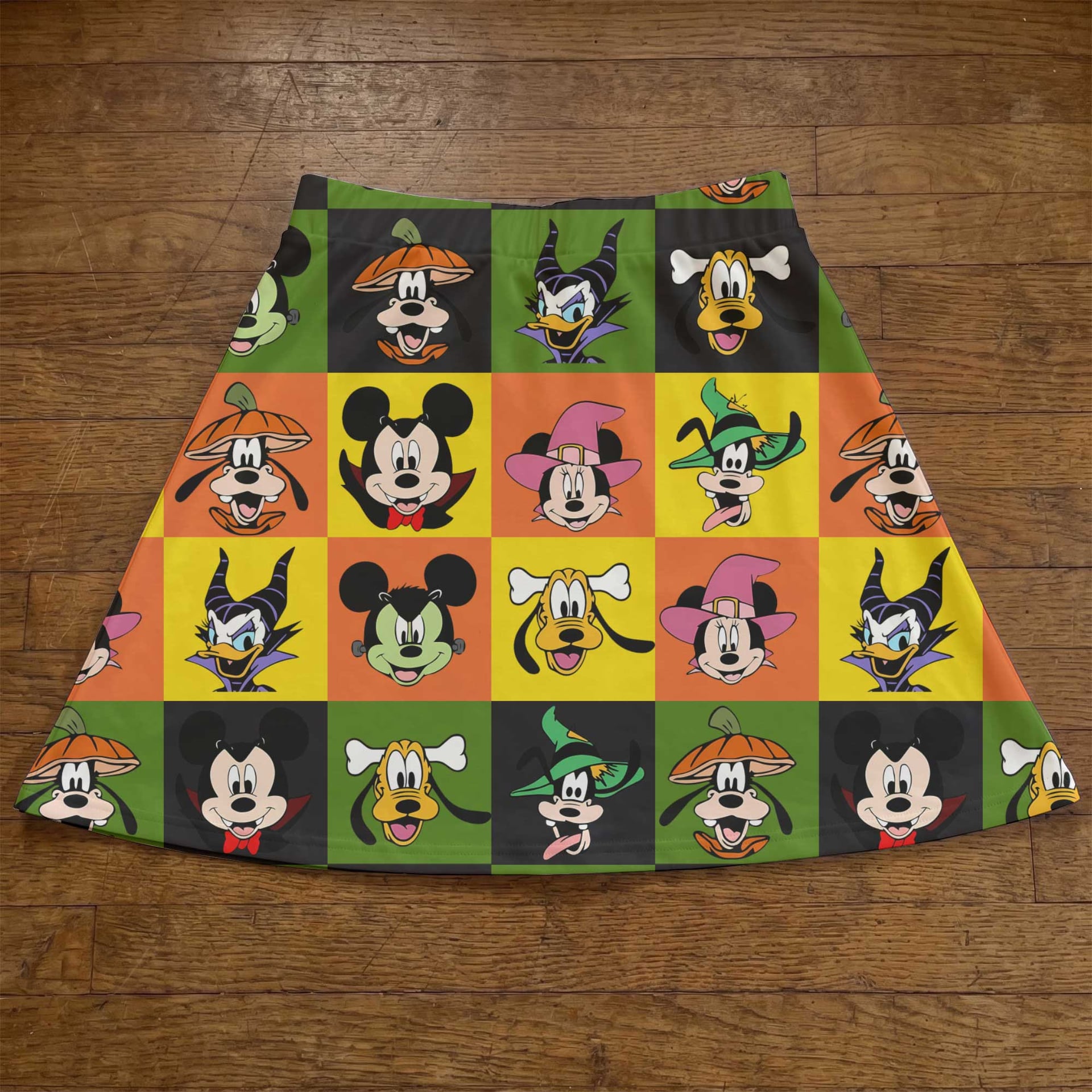 Mickey And Friends Halloween Skater Skirt, Disney Character Patchwork Skirt, Disney Park Vacation Outfit