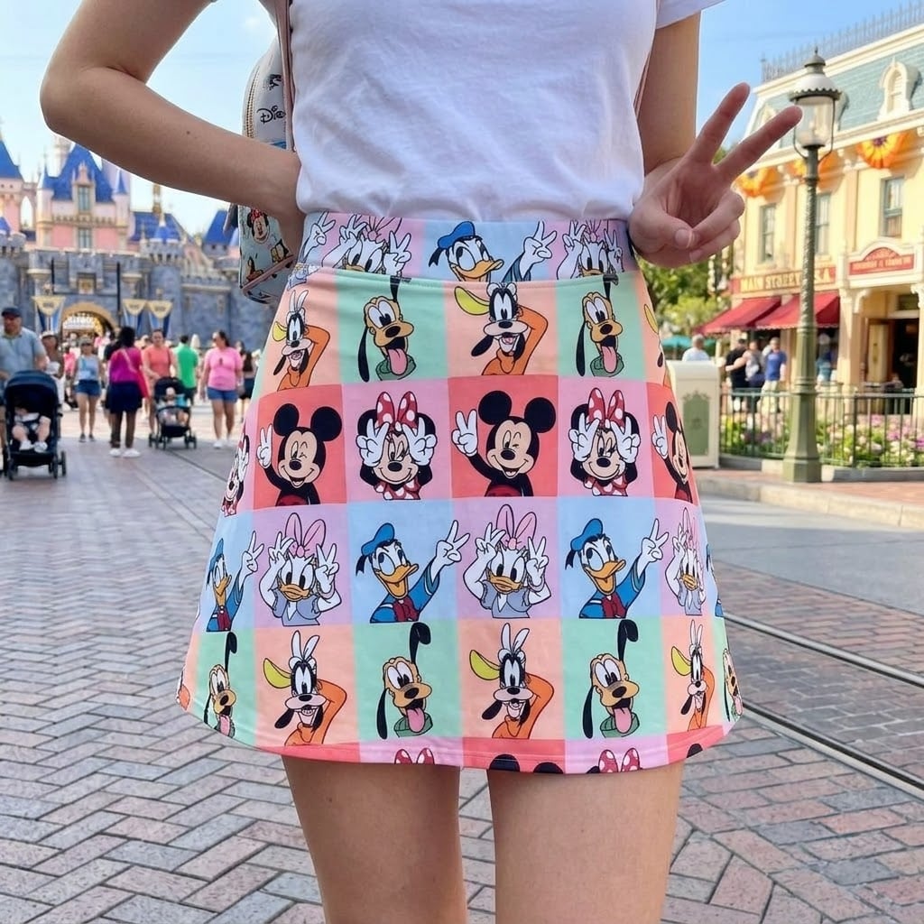 Mickey And Friends Patchwork Skater Skirt, Disney Park Vacation Outfit, Pastel Disney Character Skirt