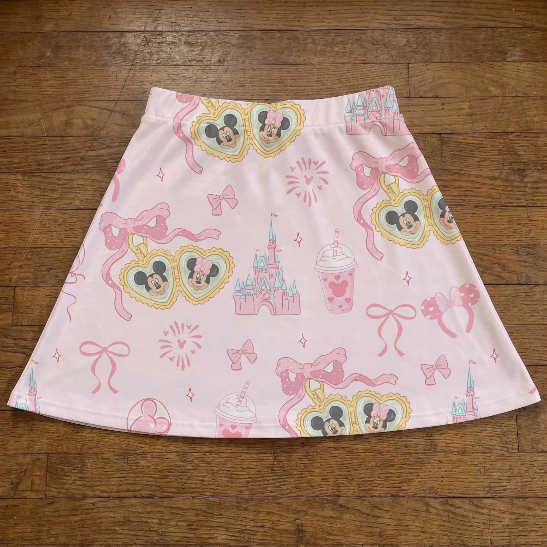 Pink Coquette Mickey & Minnie Skater Skirt, Disney Park Vacation Outfit, Pastel Disney Bow Skirt