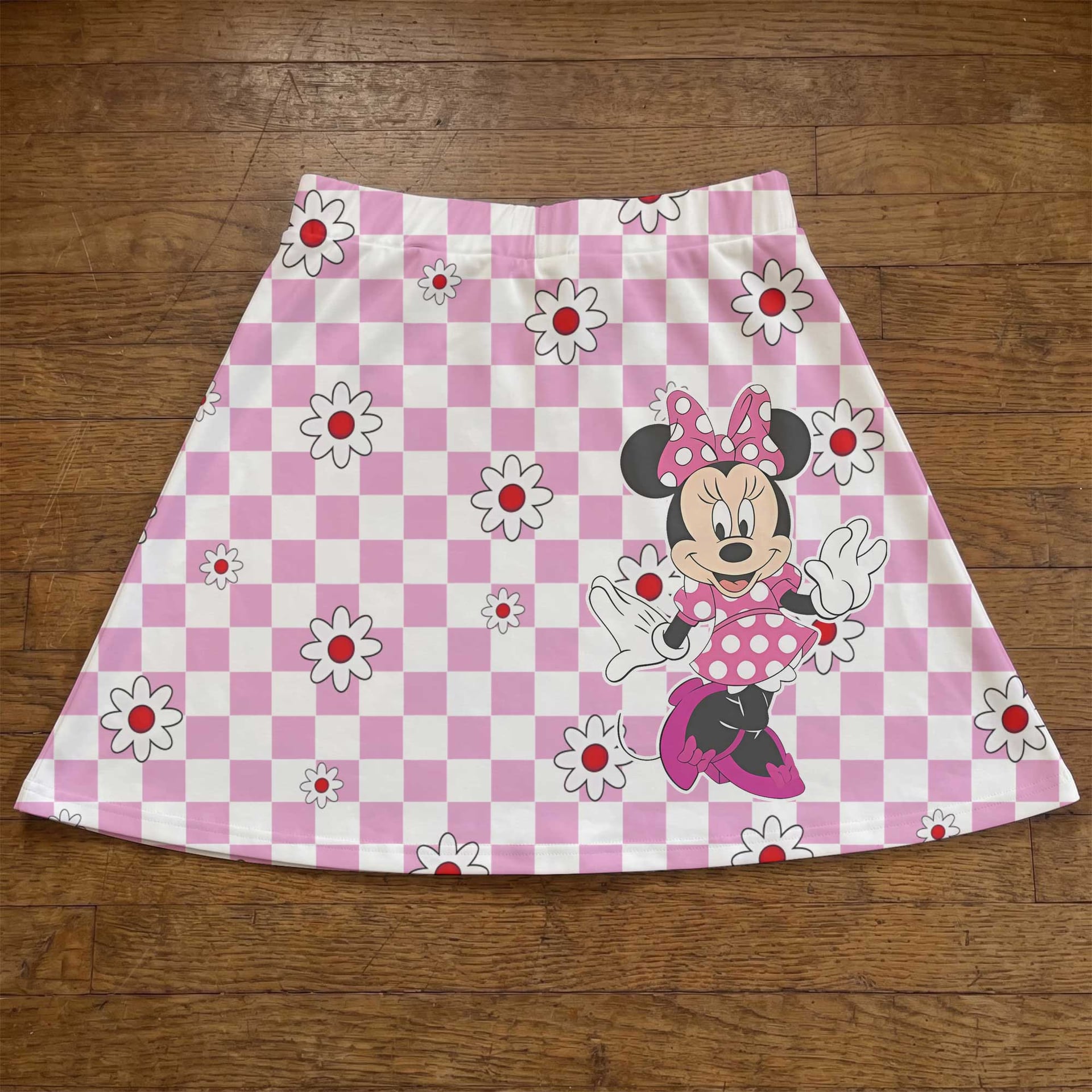 Pink Minnie Mouse Checkerboard Skater Skirt, Disney Park Vacation Outfit, Daisy Floral Disney Skirt