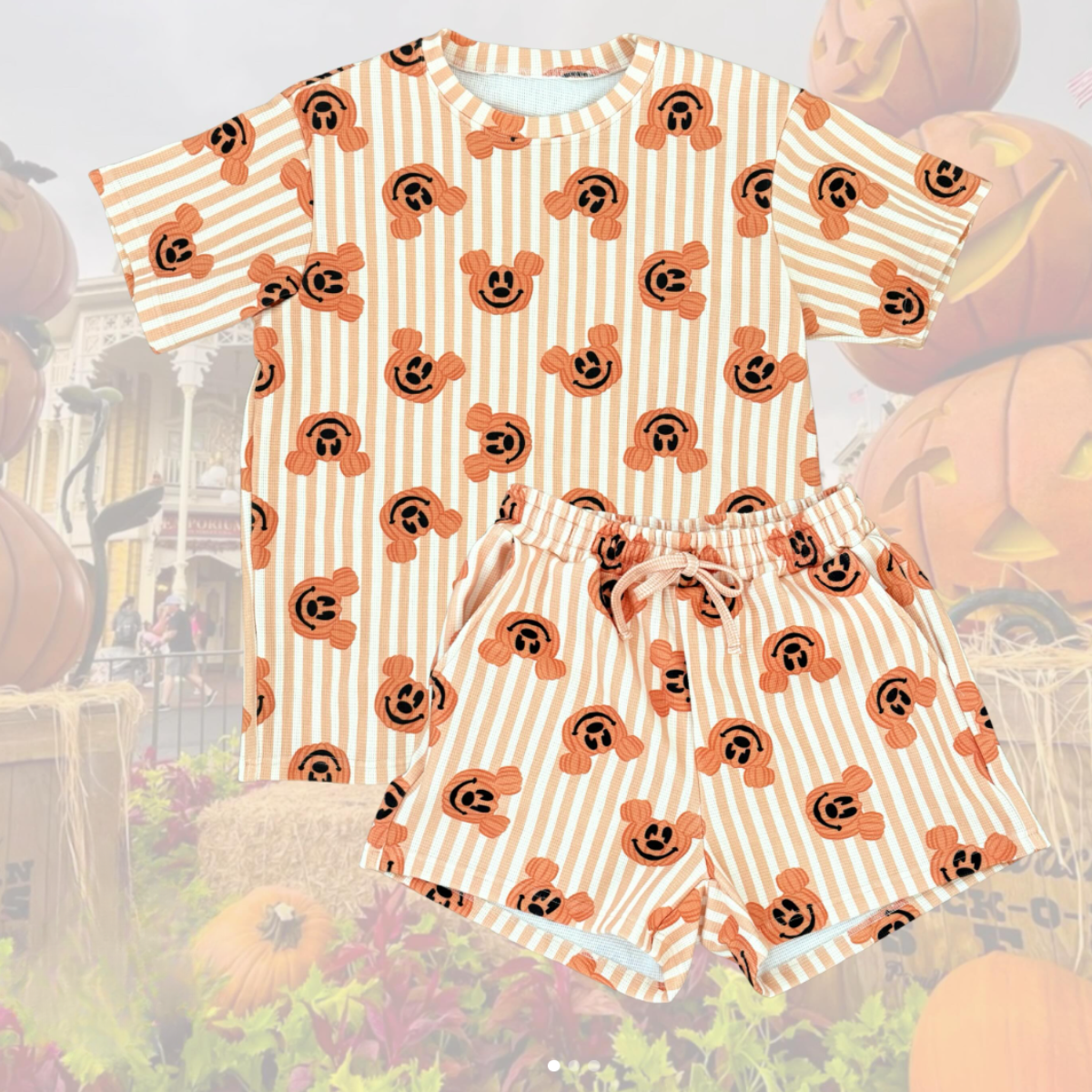 Mickey Pumpkin Heavyweight Cotton Waffle Knit Loungewear Set, Cozy Fall Pajama Outfit