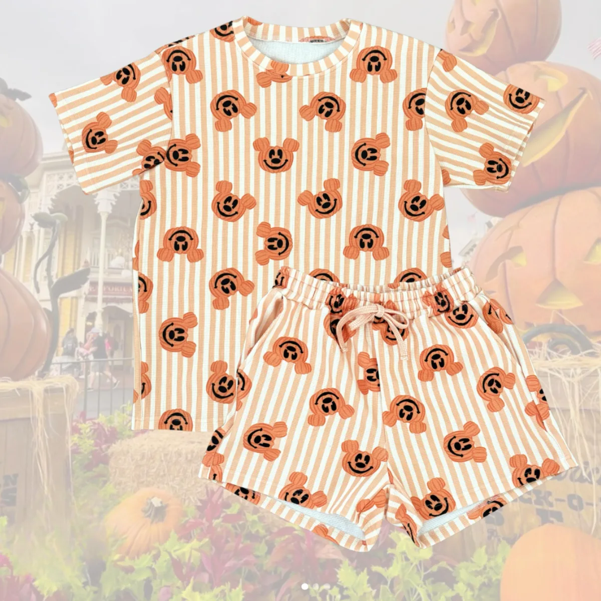 Mickey Pumpkin Heavyweight Cotton Waffle Knit Loungewear Set, Cozy Fall Pajama Outfit