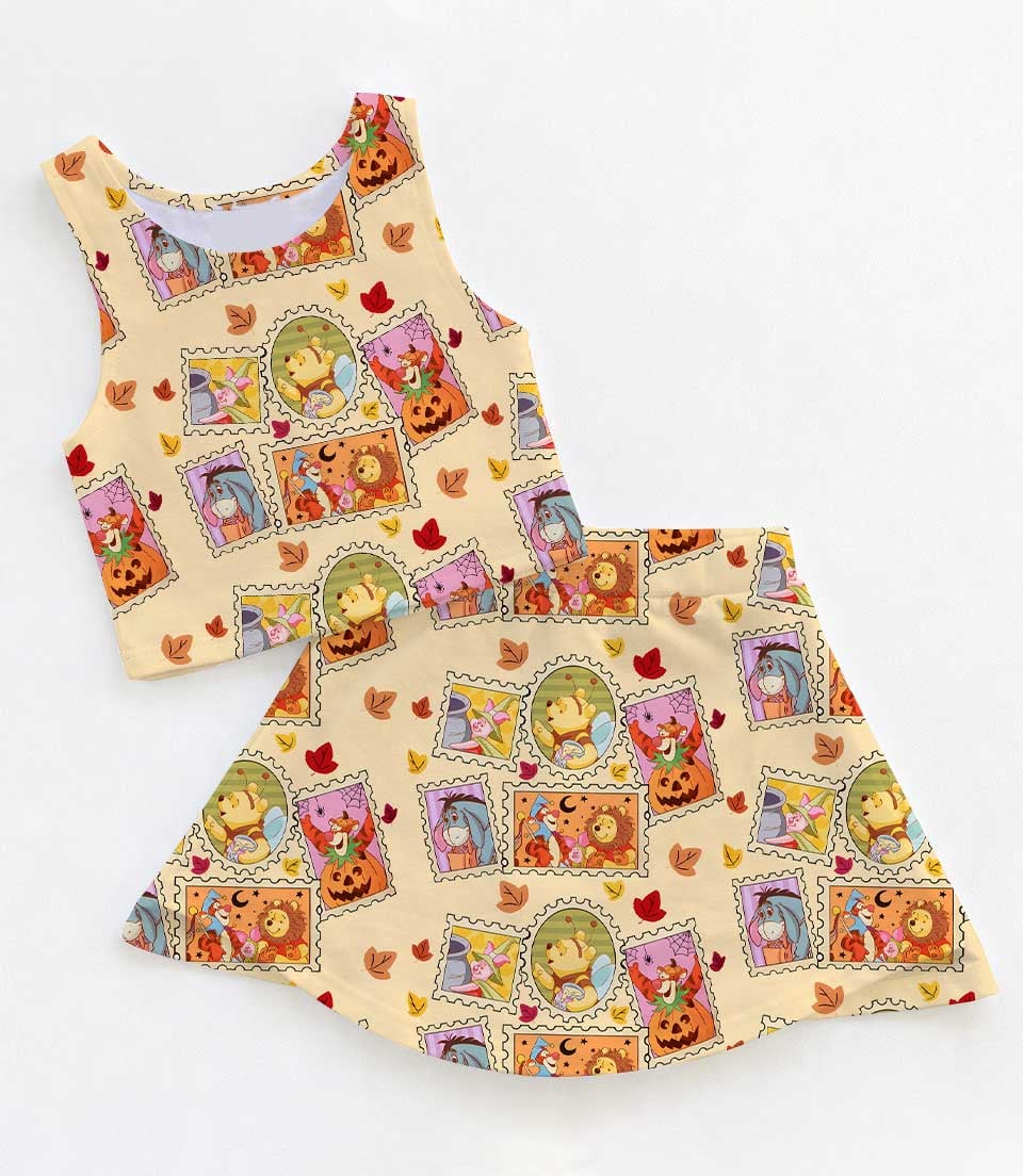 Winnie the Pooh Halloween Dress Set, Pumpkin Patch Girls Outfit, Fall Theme Park Vacation Clothes