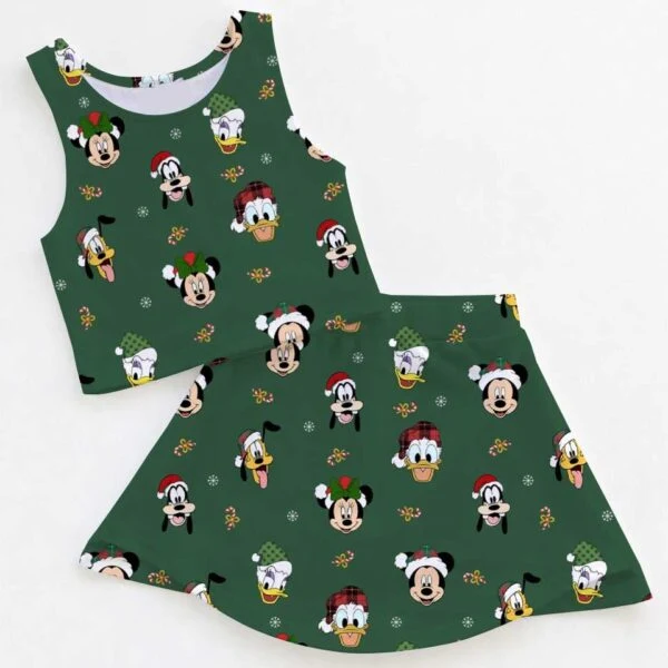 Disney Christmas Mother Daughter Matching Dress Set, Mickey & Friends Green Holiday Two Piece Dress Set, Festive Christmas Character Outfit, Theme Park Christmas Vacation Clothing, Cute Holiday Family Outfit