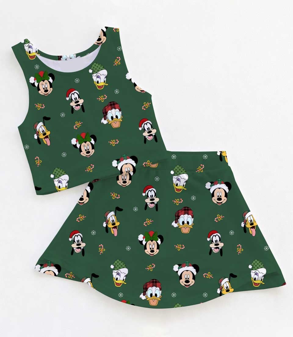 Disney Christmas Mother Daughter Matching Dress Set, Mickey & Friends Green Holiday Two Piece Dress Set, Festive Christmas Character Outfit, Theme Park Christmas Vacation Clothing, Cute Holiday Family Outfit