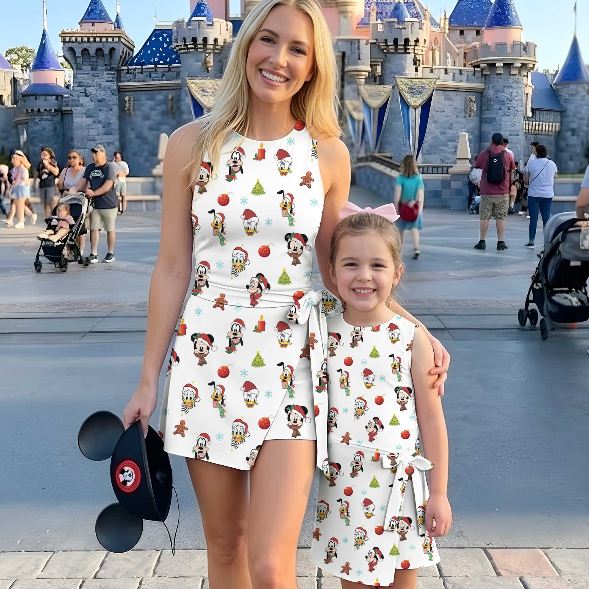 Disney Christmas Mother Daughter Matching Tennis Dress, Mickey & Friends Holiday Print Bow Skort Dress, Festive Christmas Character Outfit, Theme Park Holiday Vacation Clothing, Cute Mommy and Me Outfit