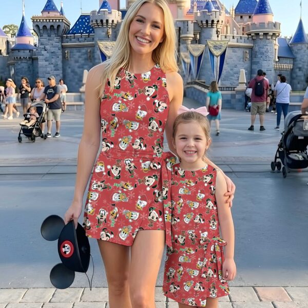 Disney Christmas Mother Daughter Matching Tennis Dress, Mickey & Friends Holiday Print Bow Skort Dress, Festive Character Outfit, Theme Park Christmas Vacation Clothing, Cute Mommy and Me Outfit