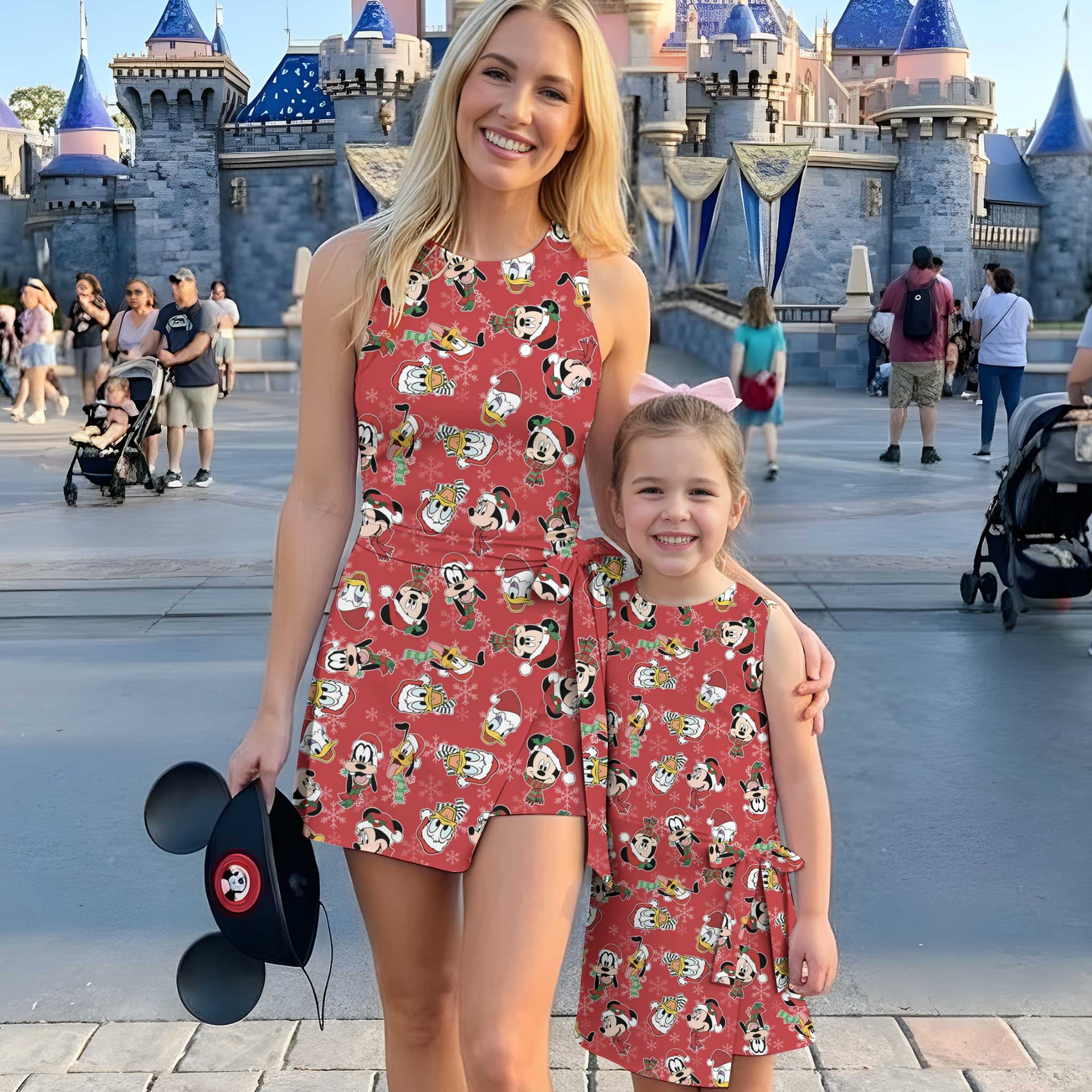Disney Christmas Mother Daughter Matching Tennis Dress, Mickey & Friends Holiday Print Bow Skort Dress, Festive Character Outfit, Theme Park Christmas Vacation Clothing, Cute Mommy and Me Outfit