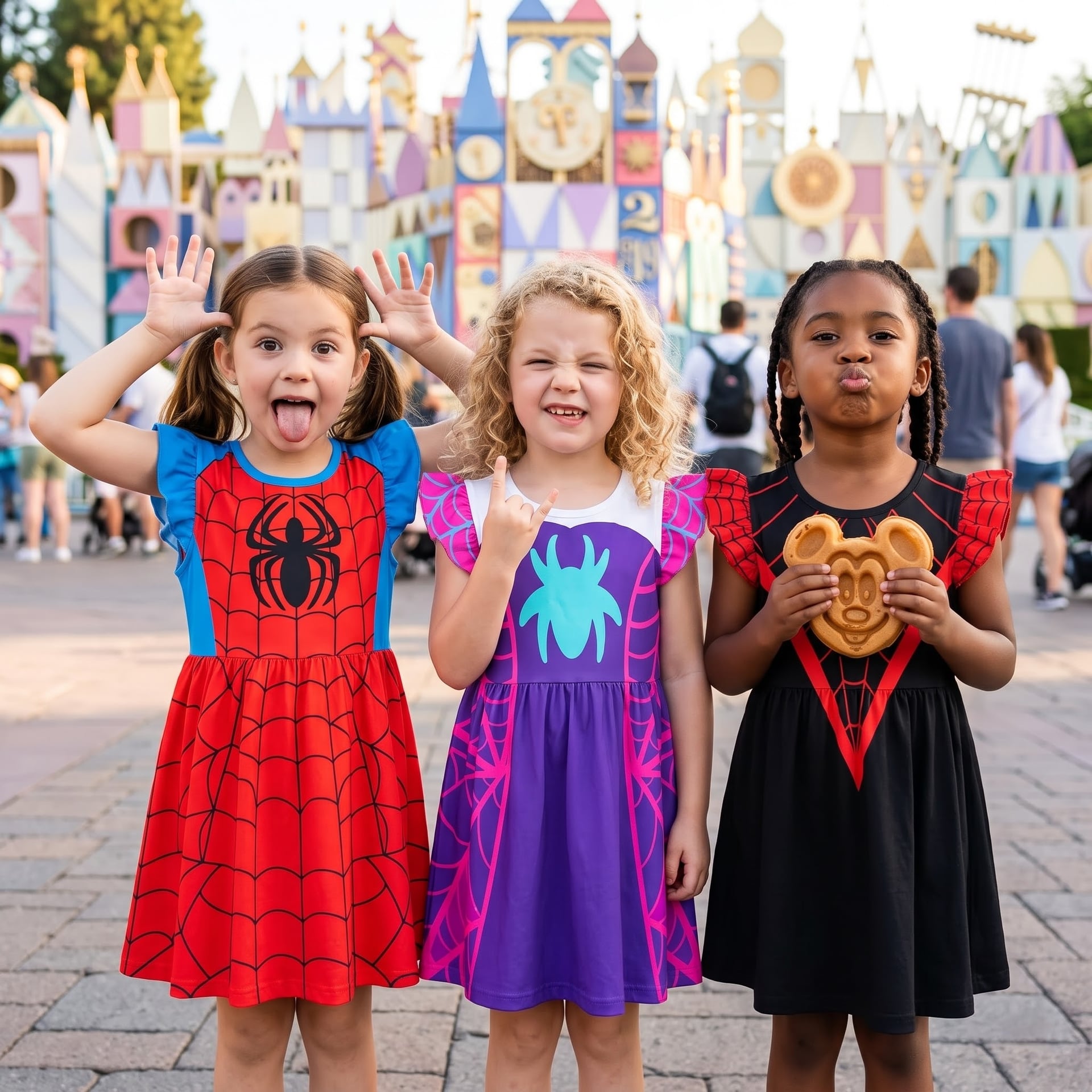 Spider Hero Matching Kids Dress, Superhero Character Costume Outfit, Web Pattern Princess Dress, Theme Park Vacation Clothes