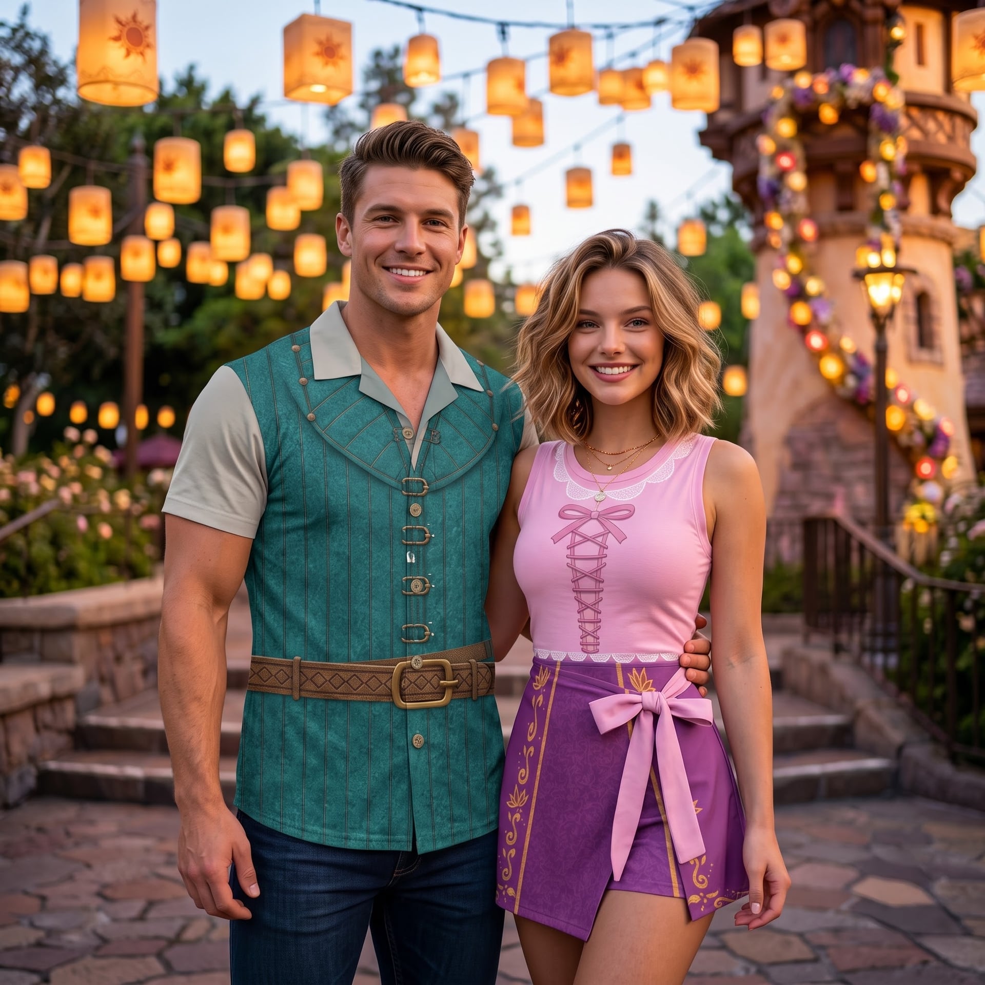Rapunzel Inspired Matching Couple Outfit, Flynn Rider Shirt & Rapunzel Tennis Dress, Fairy Tale Character Outfit, Theme Park Vacation Clothing, Cute Princess Couple Outfit