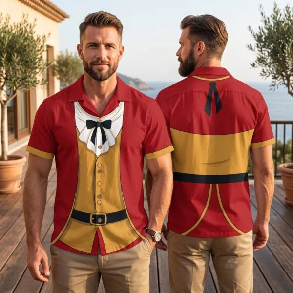 Gaston Inspired Hawaiian Shirts, Red & Gold Short Sleeve Character Shirt, Fairy Tale Villain Outfit, Theme Park Vacation Shirt, Summer Costume Clothing for Men