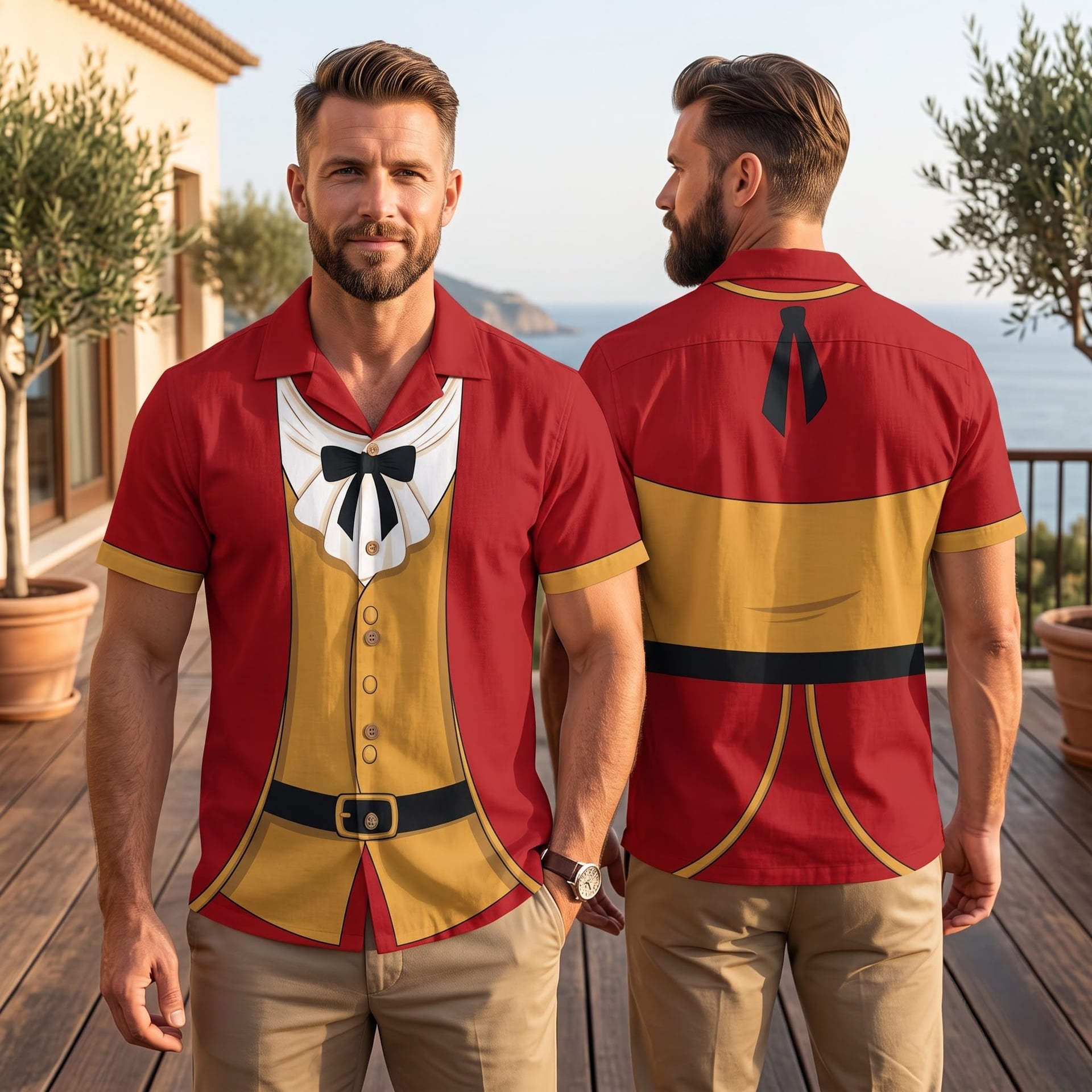 Gaston Inspired Hawaiian Shirts, Red & Gold Short Sleeve Character Shirt, Fairy Tale Villain Outfit, Theme Park Vacation Shirt, Summer Costume Clothing for Men