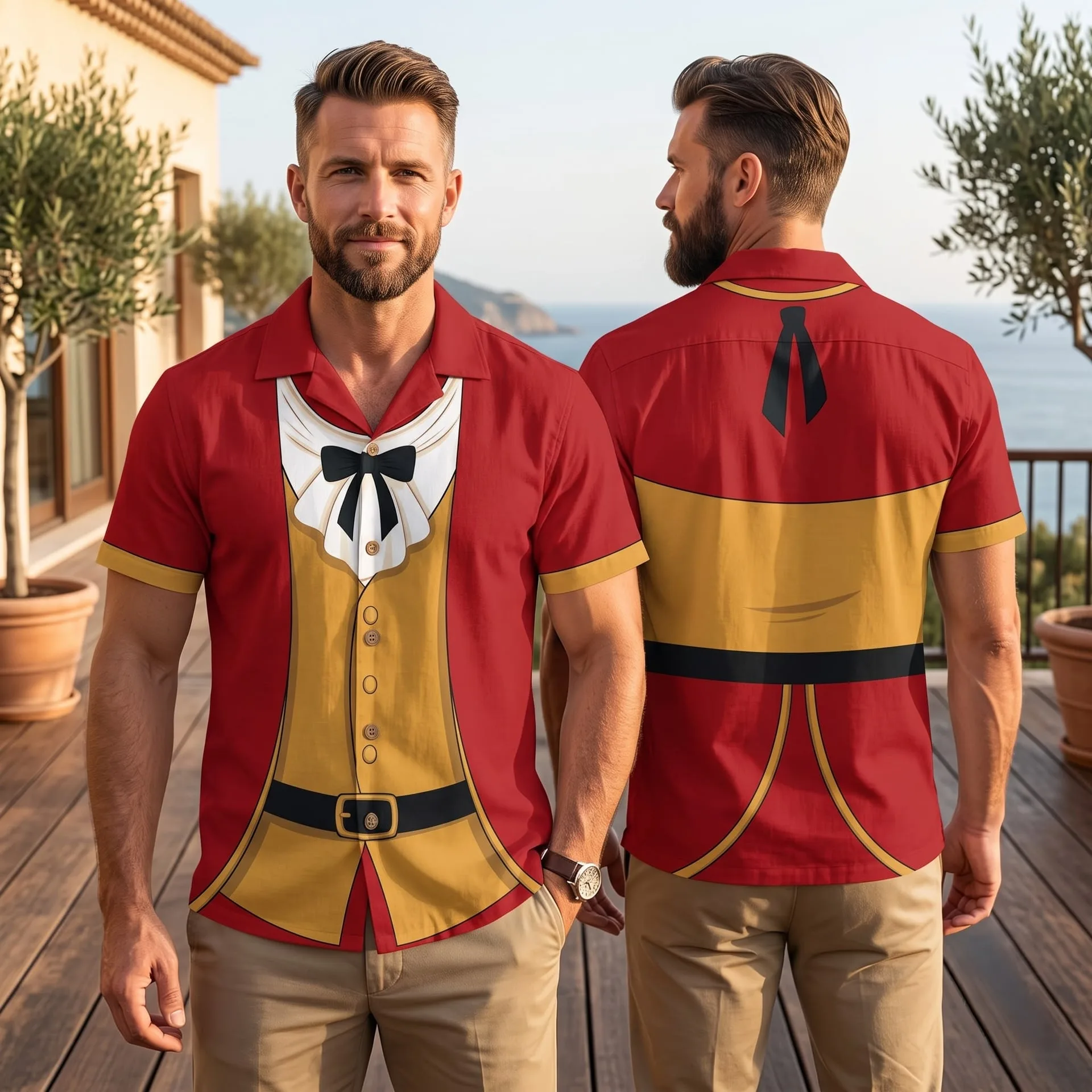 Gaston Inspired Hawaiian Shirts, Red & Gold Short Sleeve Character Shirt, Fairy Tale Villain Outfit, Theme Park Vacation Shirt, Summer Costume Clothing for Men