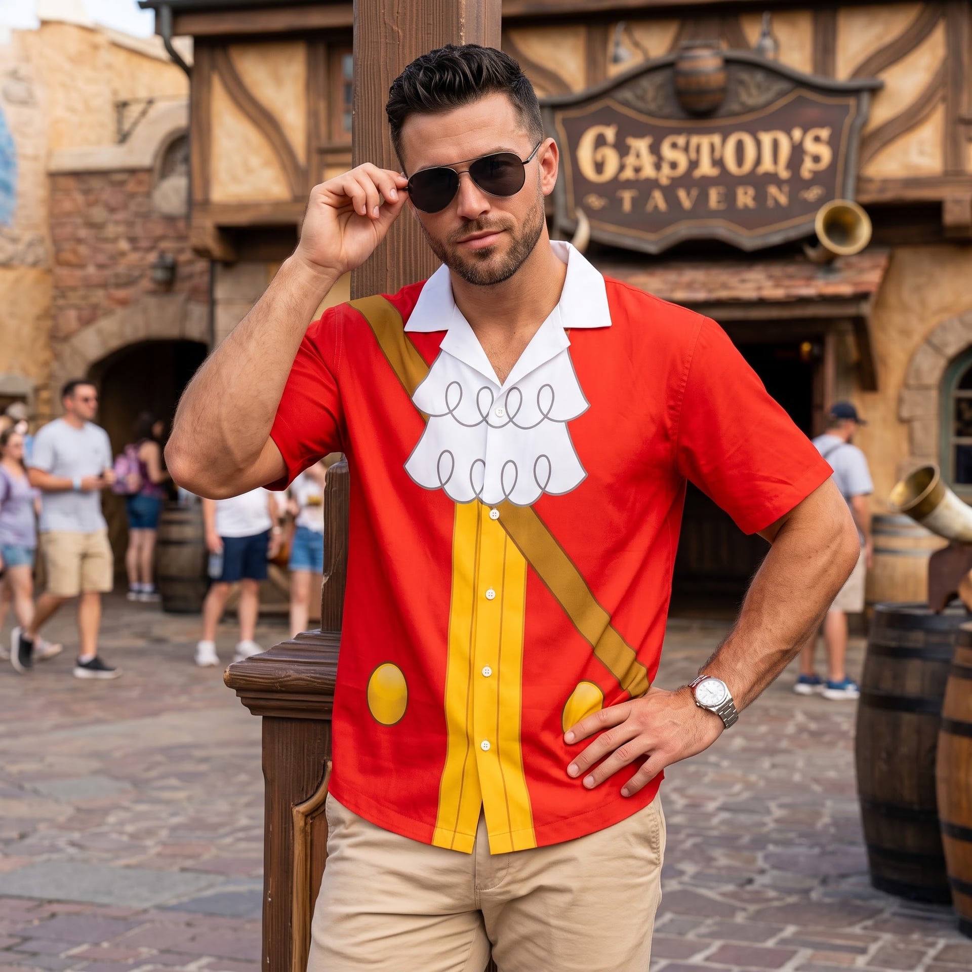 Gaston Inspired Hawaiian Shirts, Red & Yellow Short Sleeve Character Shirt, Fairy Tale Villain Outfit, Theme Park Vacation Shirt, Cute Summer Park Clothing for Men