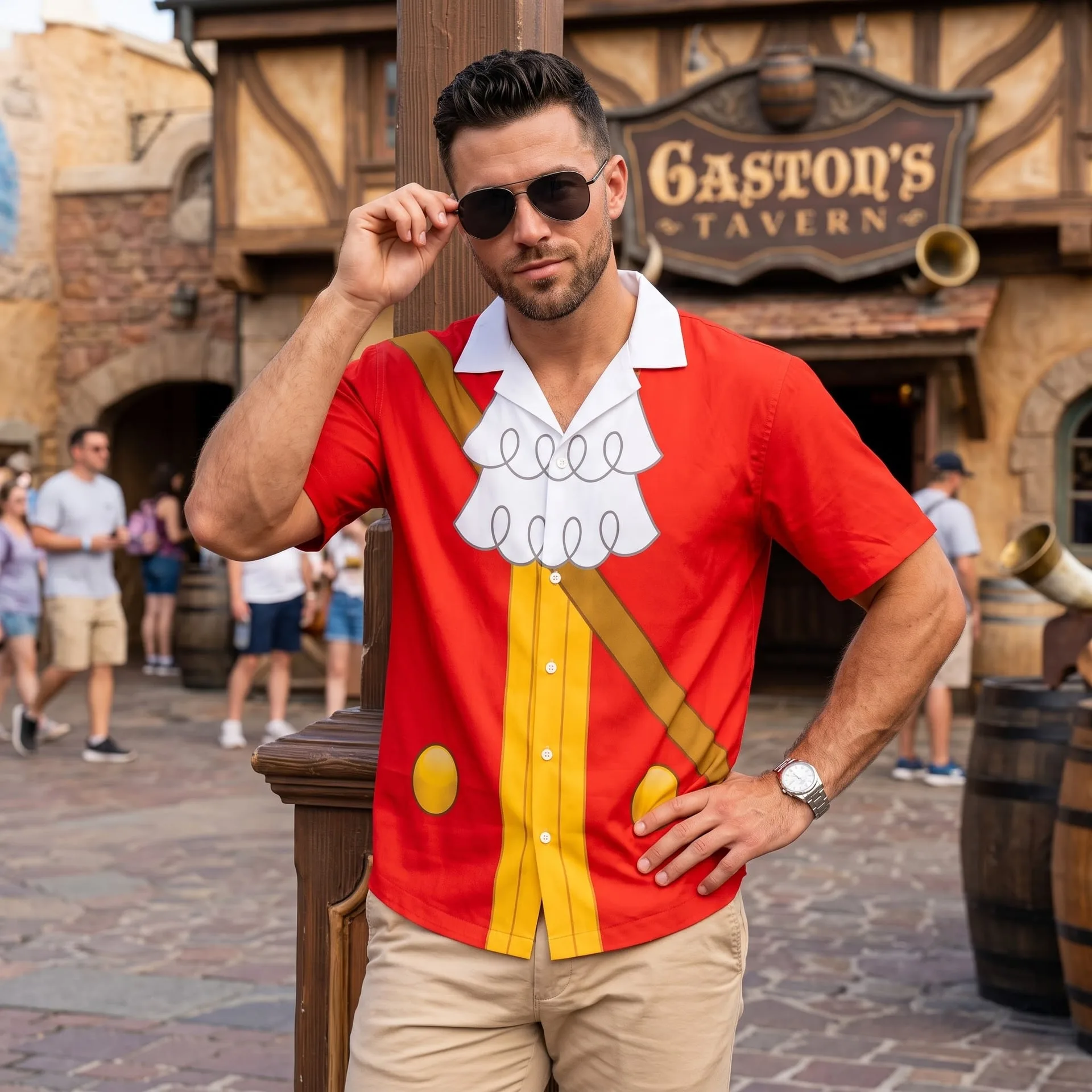 Gaston Inspired Hawaiian Shirts, Red & Yellow Short Sleeve Character Shirt, Fairy Tale Villain Outfit, Theme Park Vacation Shirt, Cute Summer Park Clothing for Men