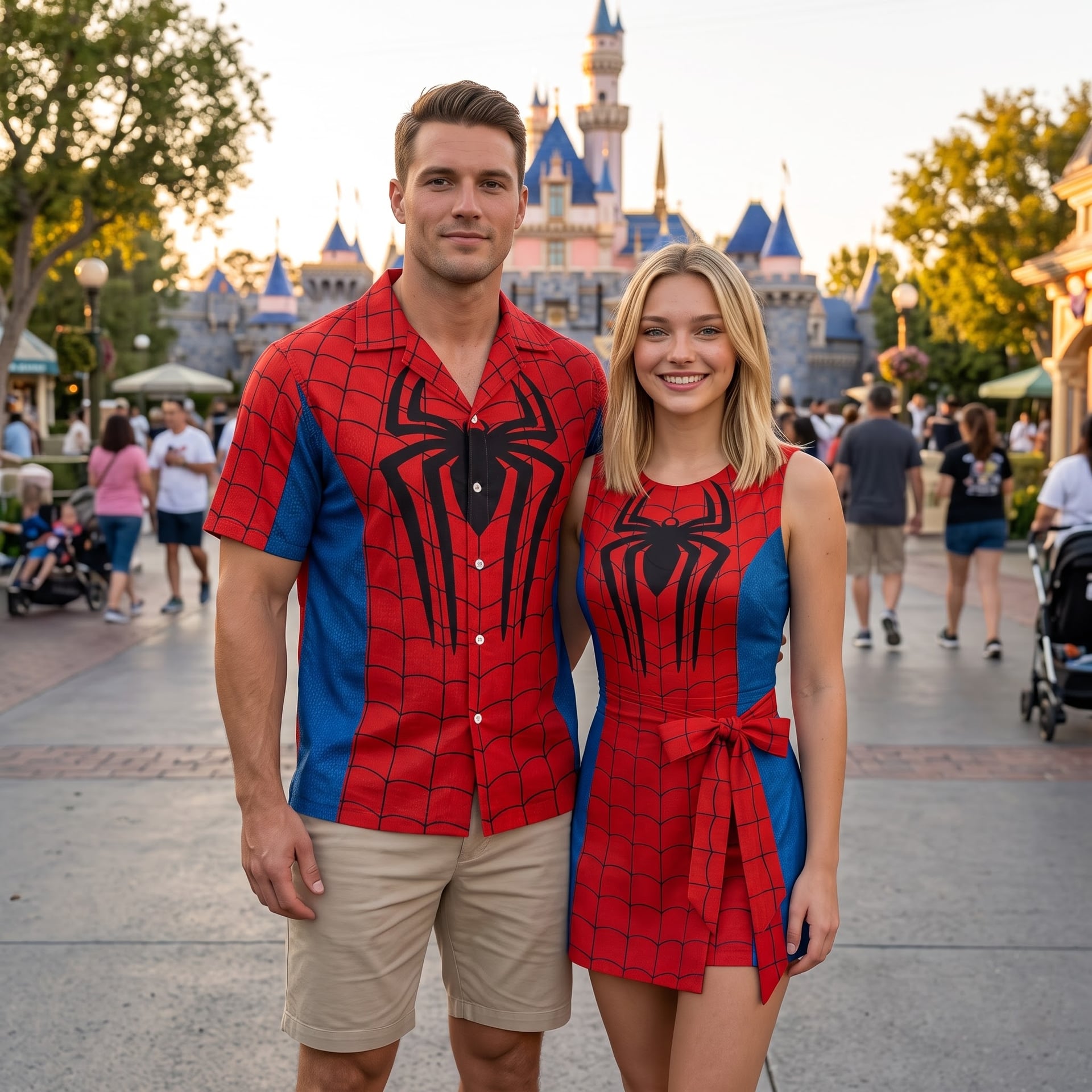 Spider Hero Matching Couple Outfit, Red Web Short Sleeve Shirt & Spider Tennis Dress, Superhero Character Outfit, Theme Park Vacation Clothing, Cute Matching Couple Outfit