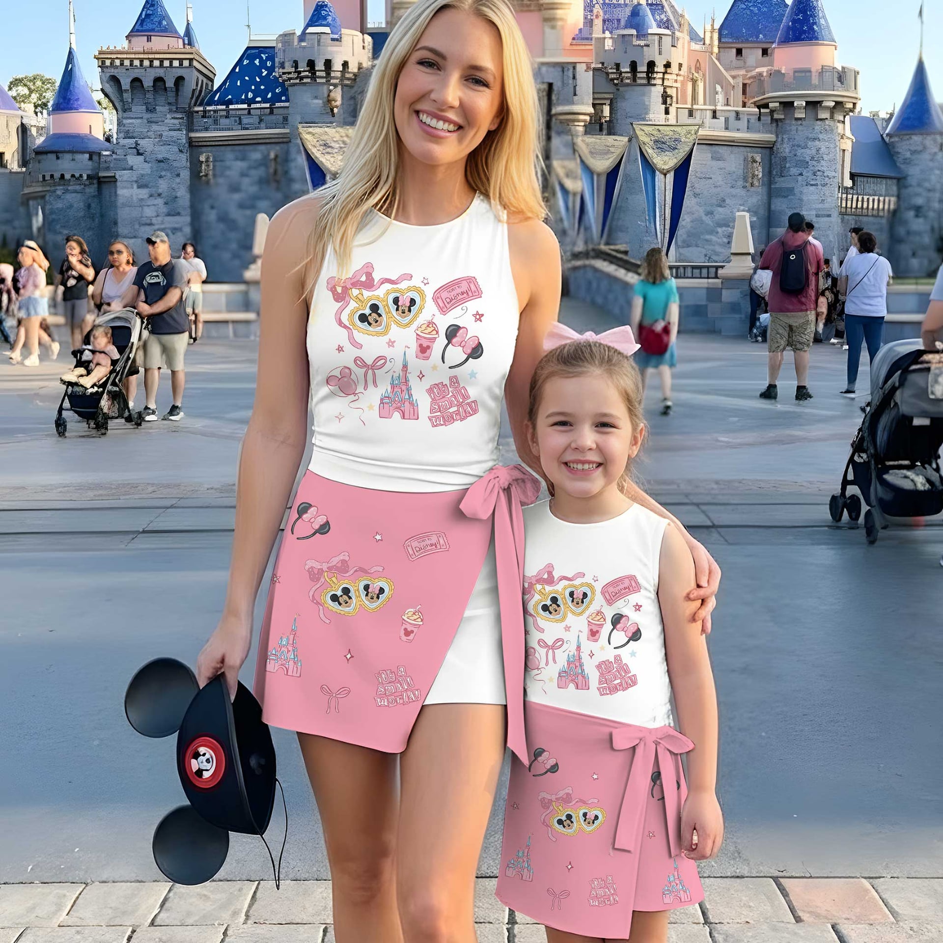 Mickey & Minnie Mother Daughter Matching Outfit, Pink Bow Tennis Dress & Girls Skater Dress, Cute Character Outfit, Theme Park Vacation Clothing, Cute Summer Family Outfit