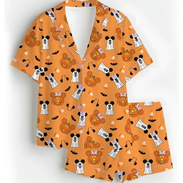 Mickey & Minnie Halloween Pajama Set, Orange Pumpkin & Ghost Print Long Sleeve Sleepwear, Spooky Character Pajamas, Halloween Nightwear, Cute Fall Loungewear for Women
