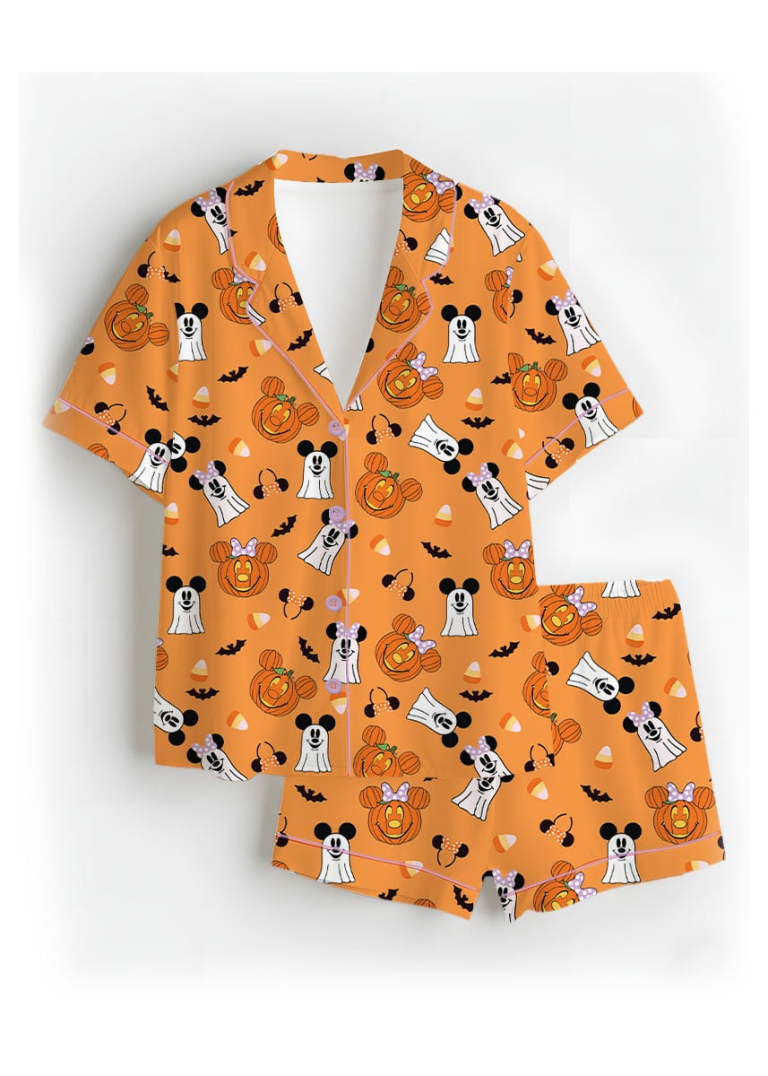 Mickey & Minnie Halloween Pajama Set, Orange Pumpkin & Ghost Print Long Sleeve Sleepwear, Spooky Character Pajamas, Halloween Nightwear, Cute Fall Loungewear for Women