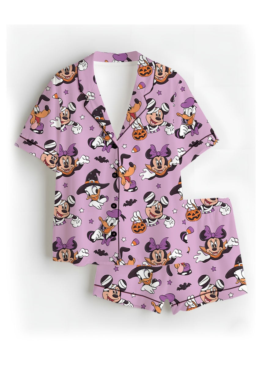 Mickey & Friends Halloween Pajama Set, Purple Witch & Pumpkin Character Print Long Sleeve Sleepwear, Spooky Halloween Pajamas, Cute Fall Nightwear, Cozy Loungewear for Women