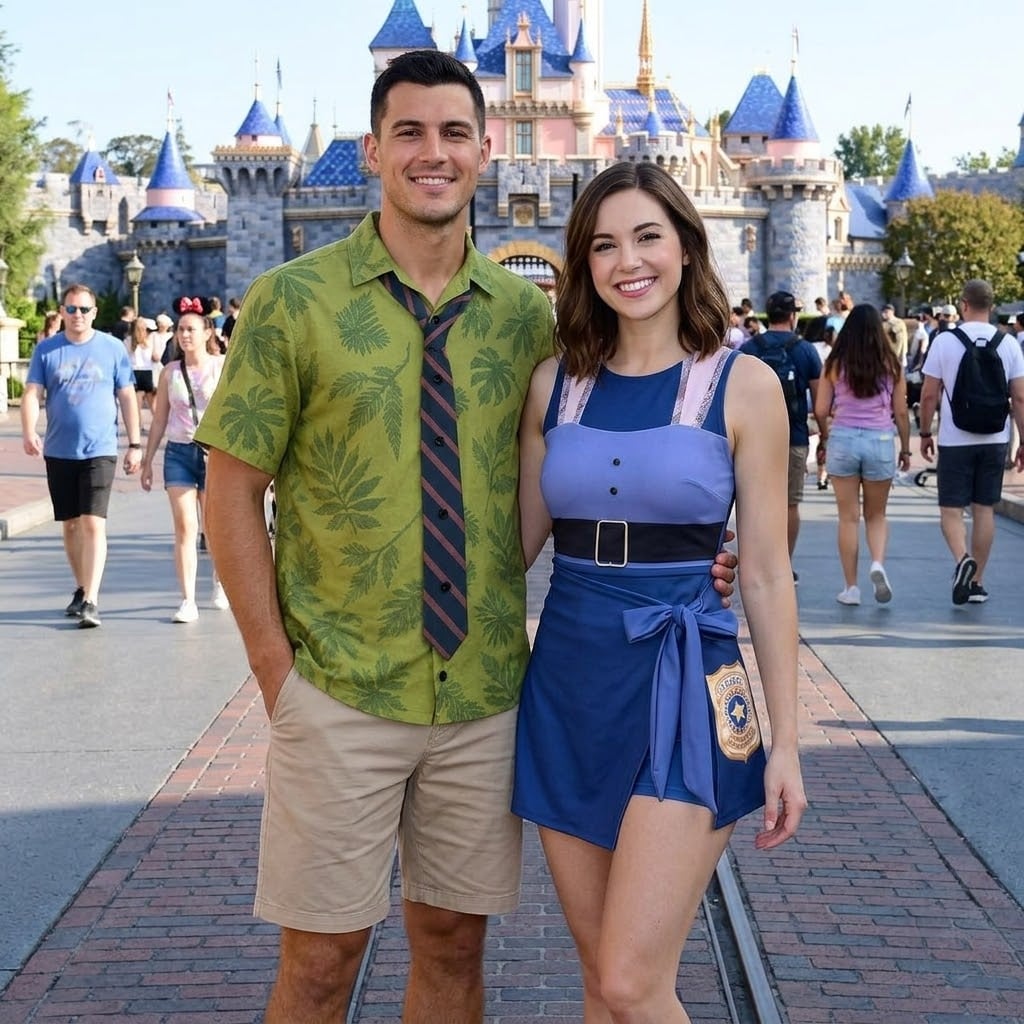 Zootopia Inspired Matching Couple Outfit, Nick Wilde Hawaiian Shirt & Judy Hopps Tennis Dress, Cartoon Character Outfit, Theme Park Vacation Clothing, Cute Couple Park Outfit