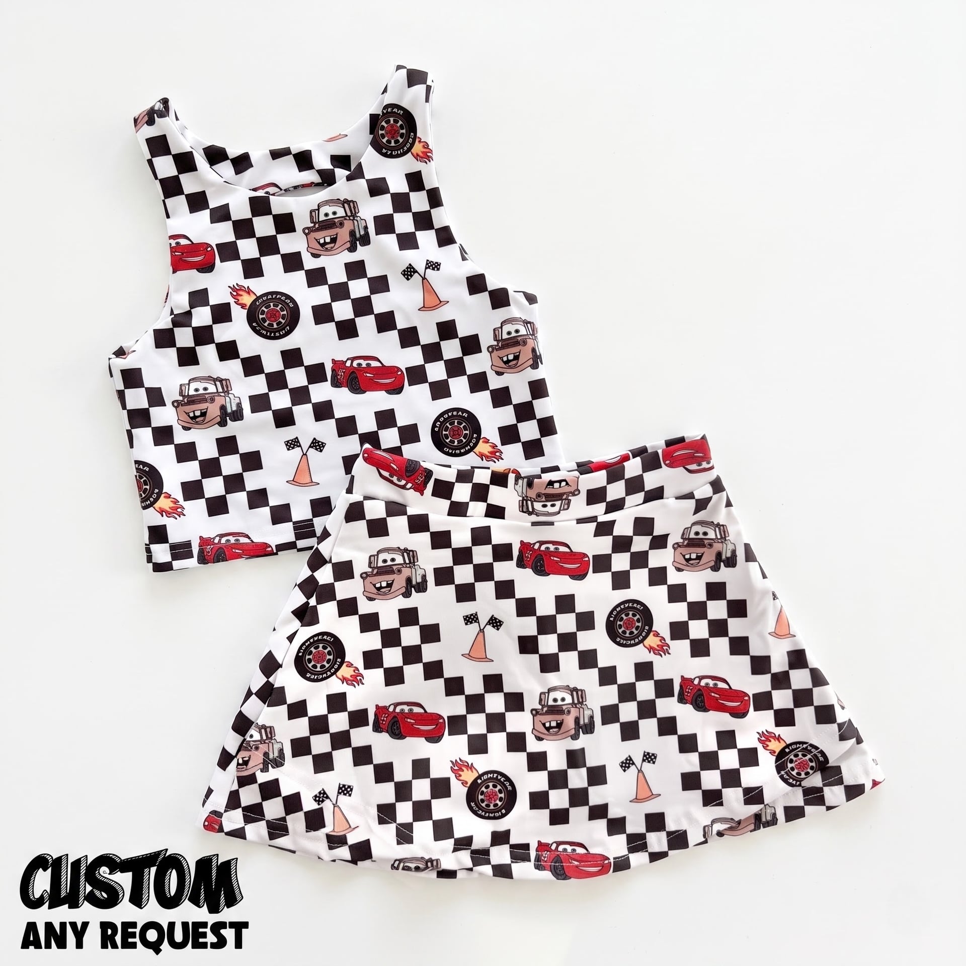 Cars Inspired Mother Daughter Matching Dress Set, Racing Checkered Two Piece Dress Set, Cartoon Character Outfit, Theme Park Vacation Clothing, Cute Summer Family Outfit