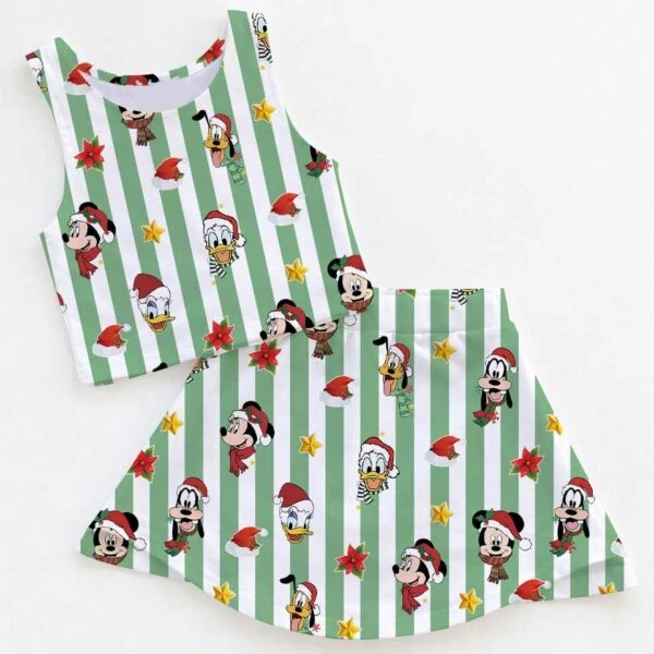 Mickey & Friends Inspired Christmas Tennis Dress, Green White Striped Holiday Character Print Skater Dress, Festive Theme Park Vacation Outfit, Cute Christmas Dress for Women & Girls