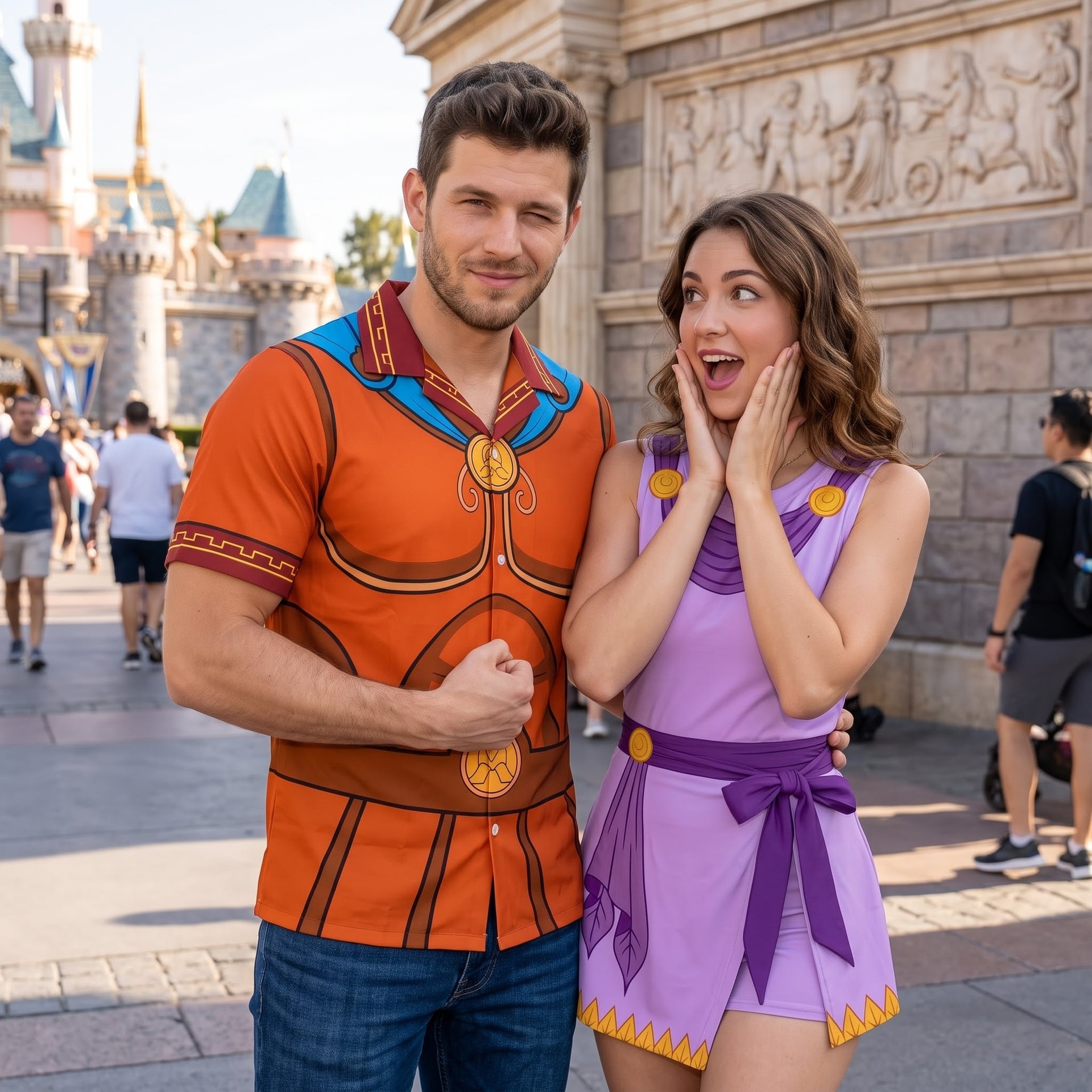 Hercules & Megara Inspired Matching Couple Outfit, Hercules Hawaiian Shirt & Megara Tennis Dress, Greek Myth Character Outfit, Theme Park Vacation Clothing, Cute Couple Park Outfit