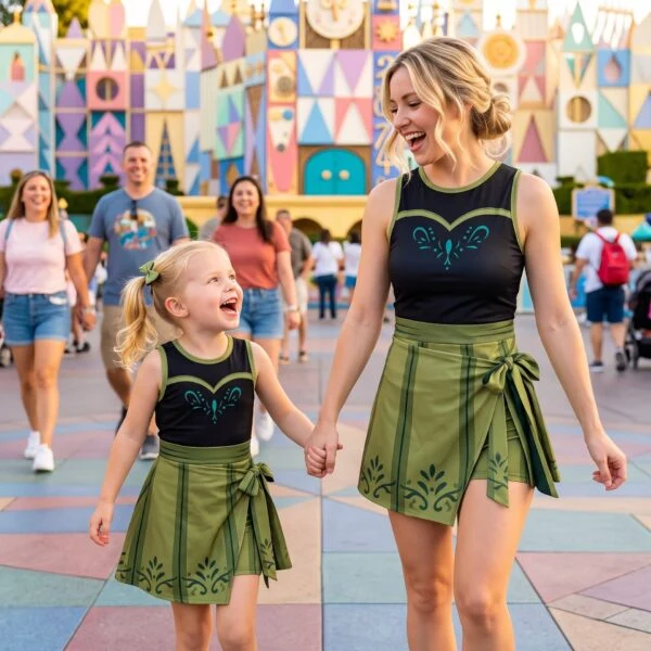 Anna Inspired Mother Daughter Matching Tennis Dress, Black & Green Bow Skort Dress, Frozen Princess Character Outfit, Theme Park Vacation Clothing, Cute Mommy and Me Outfit