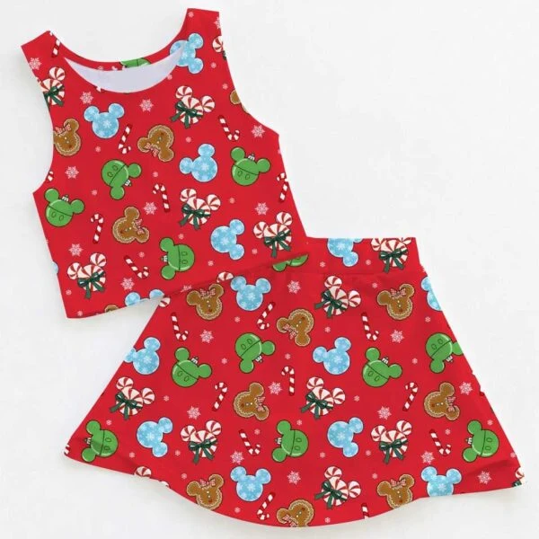 Disney Christmas Mickey Mouse Dress Set, Red Mickey Gingerbread & Candy Cane Print Dress Set, Girls Holiday Outfit, Disney Inspired Christmas Theme Park Vacation Clothing