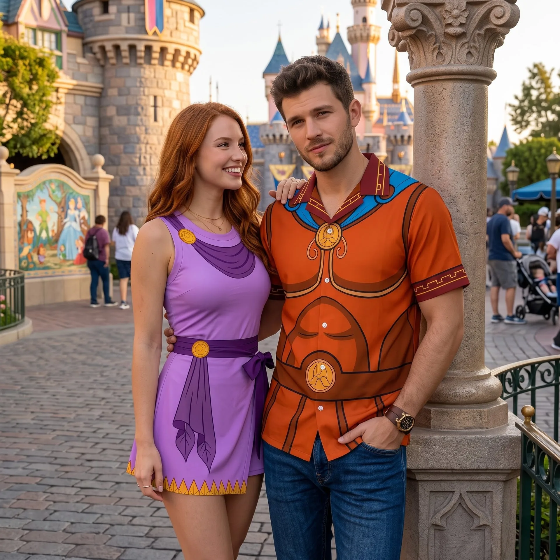 Hercules & Megara Inspired Matching Couple Outfit, Hercules Hawaiian Shirt & Megara Tennis Dress, Greek Mythology Character Outfit, Theme Park Vacation Clothing, Cute Couples Park Outfit