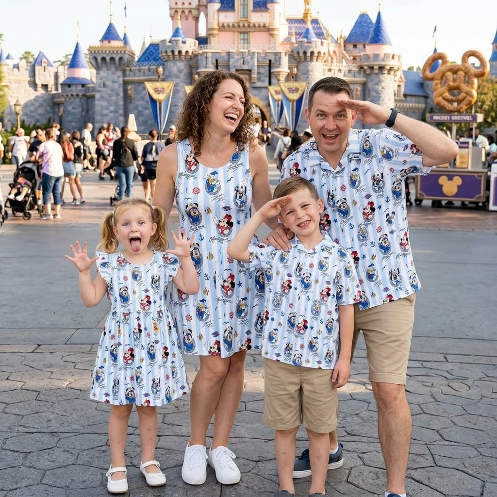 Disney Cruise Inspired Family Matching Outfit, Mickey & Minnie Nautical Print Family Dress & Hawaiian Shirt Set, Cruise Character Outfit, Disney Vacation Clothing, Cute Family Matching Outfit