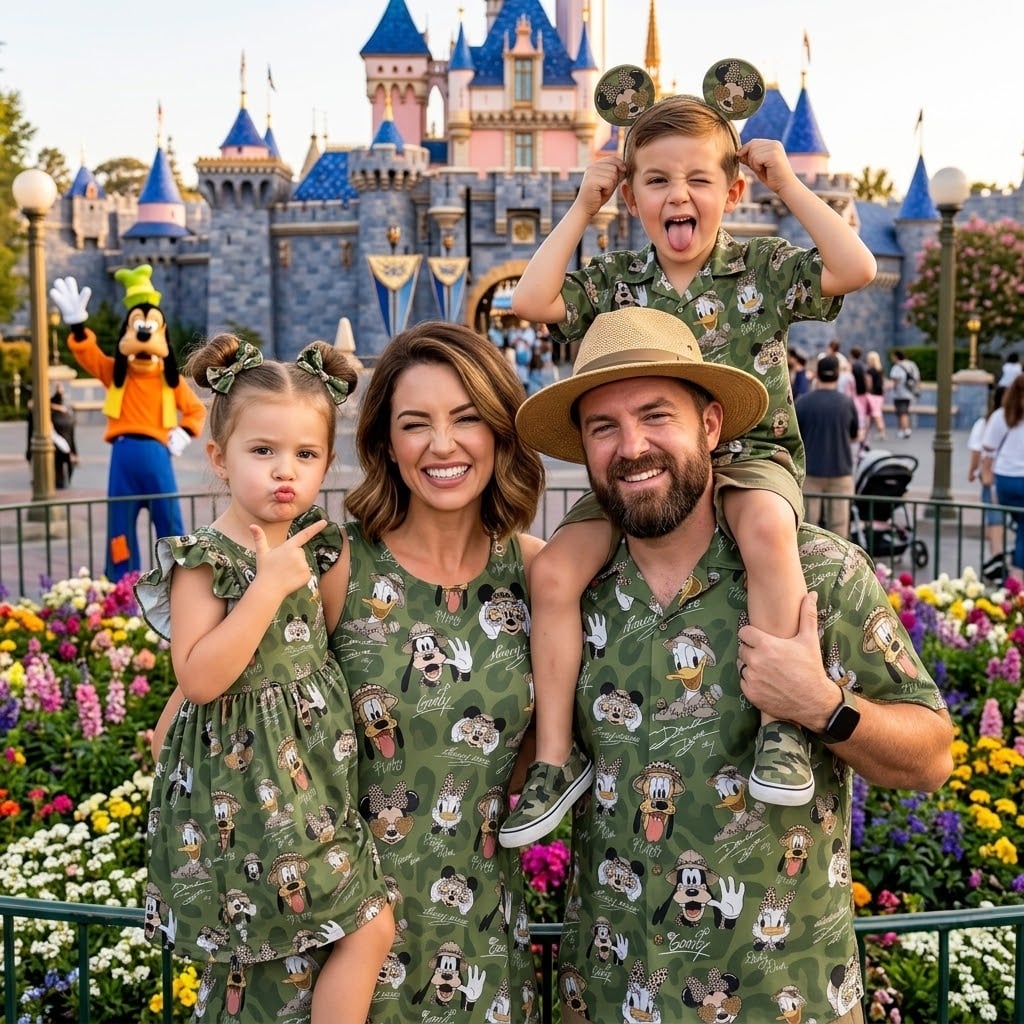 Disney Safari Inspired Family Matching Outfit, Mickey & Friends Green Camo Family Dress & Hawaiian Shirt Set, Safari Character Outfit, Theme Park Vacation Clothing, Cute Family Matching Outfit