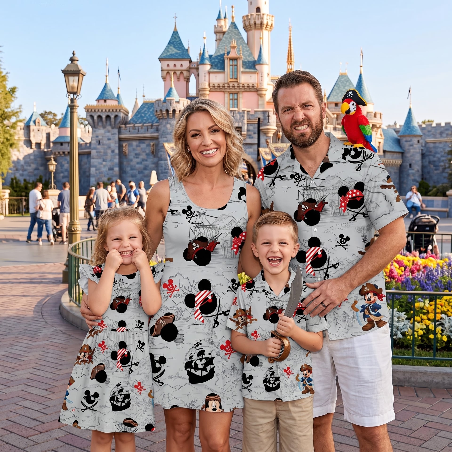 Disney Pirates Inspired Family Matching Outfit, Mickey & Friends Pirate Print Family Dress & Hawaiian Shirt Set, Pirate Character Outfit, Theme Park Vacation Clothing, Cute Family Matching Outfit