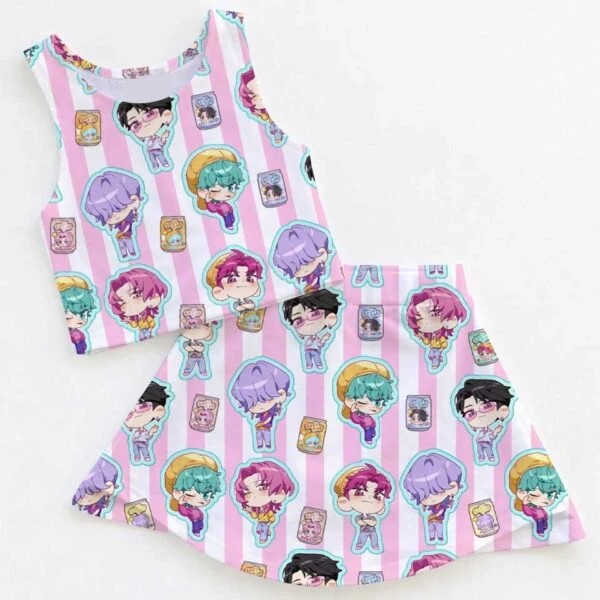 KPop Demon Hunters Inspired Girls Two Piece Dress Set, Pink Stripe Chibi Character Crop Top & Skater Skirt, KPop Anime Inspired Outfit, Cute Summer Fan Clothing