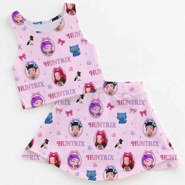 KPop Demon Hunters HUNTR/X Inspired Girls Two Piece Dress Set, Rumi Mira Zoey Pink Character Crop Top & Skater Skirt, KPop Anime Outfit, Cute Summer Fan Clothing