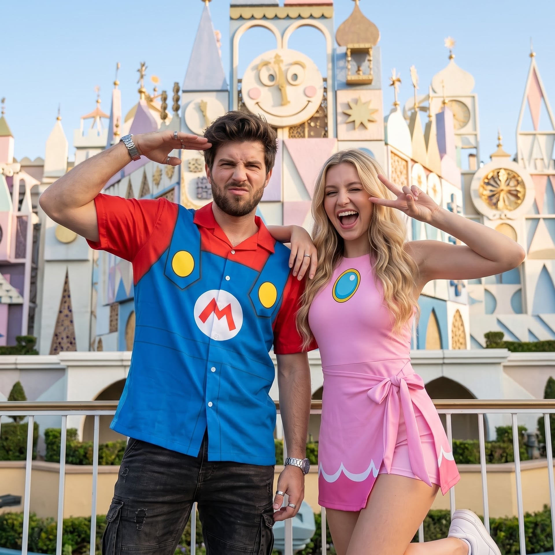 Mario & Princess Peach Inspired Matching Couple Outfit, Mario Hawaiian Shirt & Princess Peach Tennis Dress, Video Game Character Outfit, Theme Park Vacation Clothing, Cute Couple Park Outfit