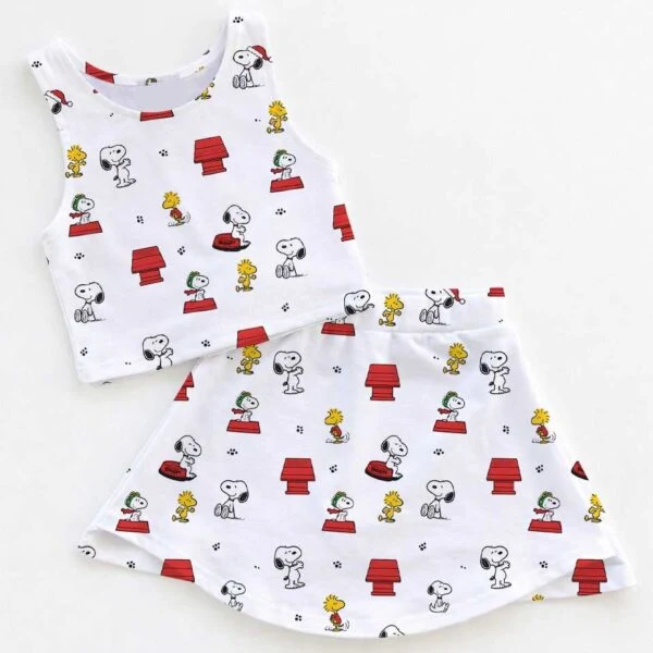 Snoopy & Woodstock Inspired Girls Two Piece Dress Set, Peanuts Cartoon White Crop Top & Skater Skirt, Cute Dog Character Outfit, Theme Park Vacation Clothing, Summer Girls Outfit