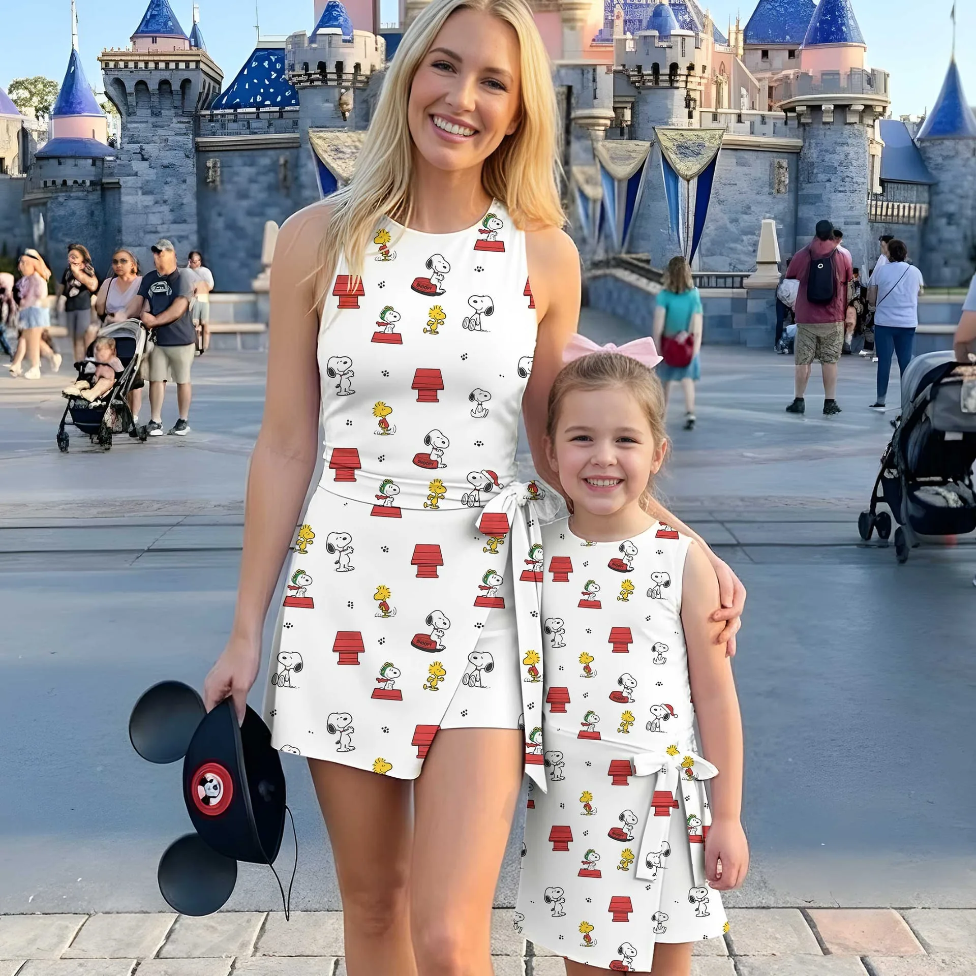 Snoopy & Woodstock Inspired Mother Daughter Matching Tennis Dress, Peanuts Cartoon White Bow Skort Dress, Cute Dog Character Outfit, Theme Park Vacation Clothing, Cute Mommy and Me Outfit