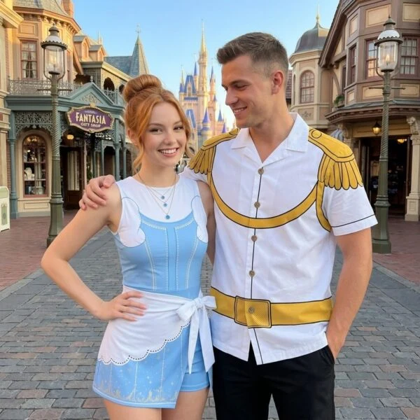 Cinderella & Prince Charming Inspired Couple Outfit, Cinderella Tennis & Skater Dress, Prince Charming Hawaiian Shirt, Fairy Tale Character Matching Outfit, Theme Park Vacation Clothing