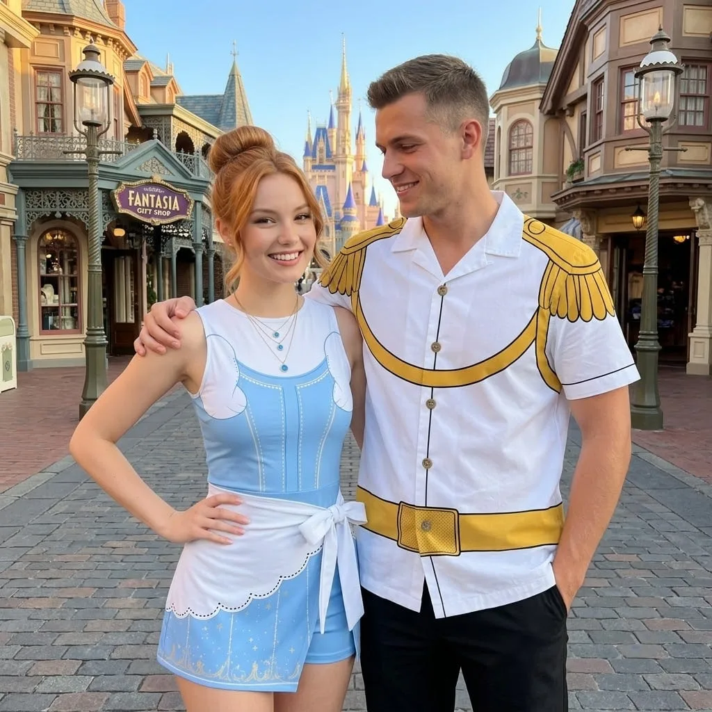 Cinderella & Prince Charming Inspired Couple Outfit, Cinderella Tennis & Skater Dress, Prince Charming Hawaiian Shirt, Fairy Tale Character Matching Outfit, Theme Park Vacation Clothing