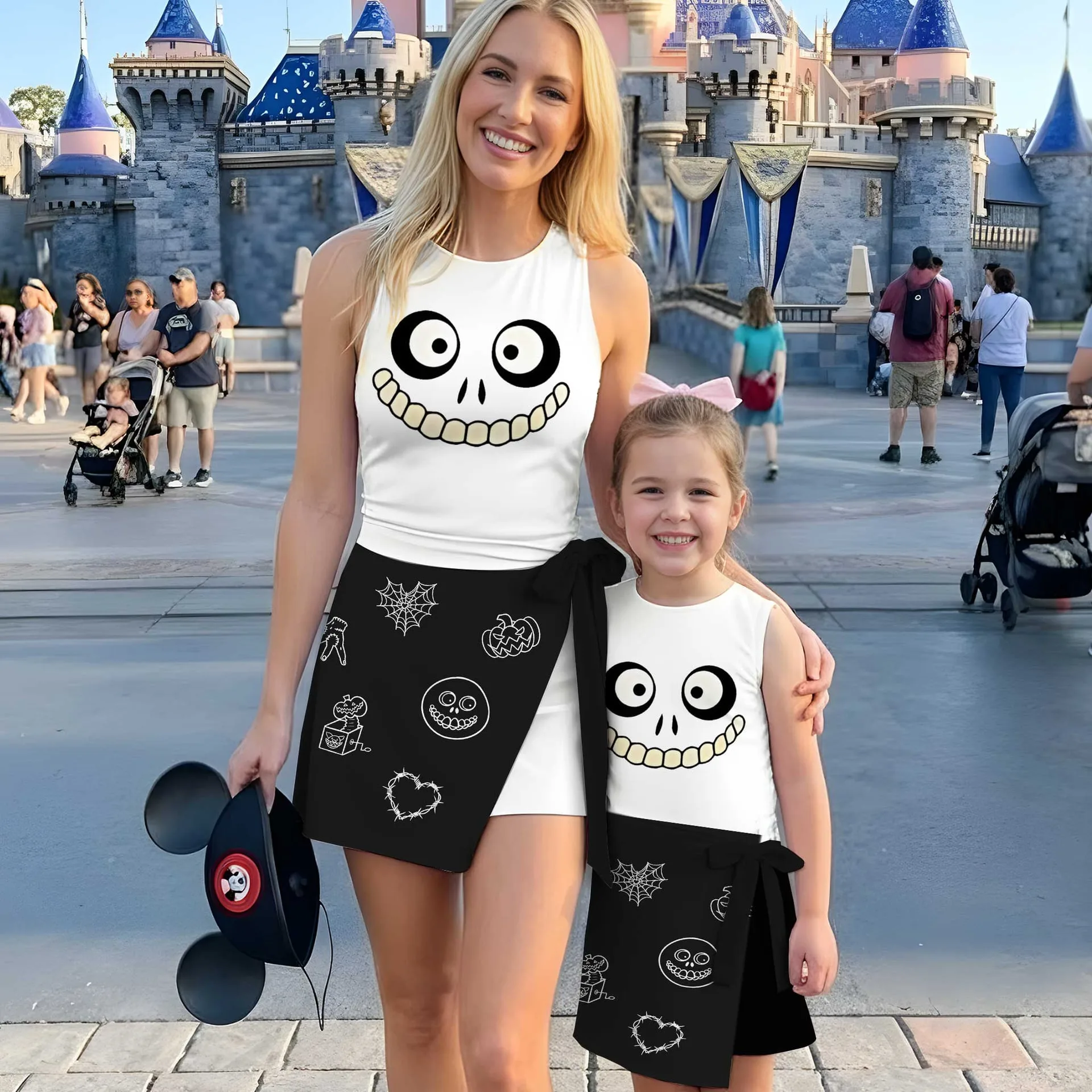 Mommy and Me Matching Outfit, Halloween Tennis Dress Set, Mother Daughter Matching Dresses, Skeleton Face Costume Outfit, Spooky Theme Park Vacation Wear