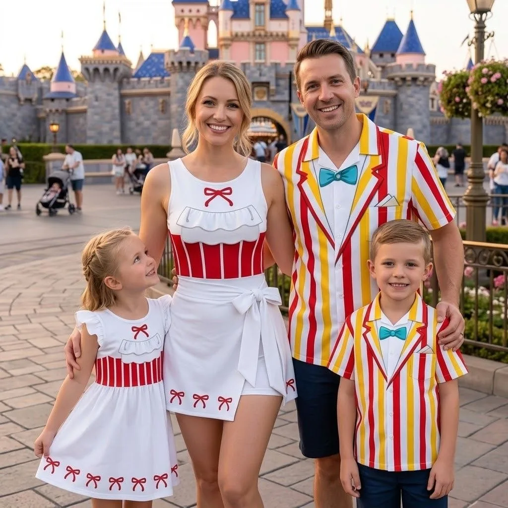 Mary Poppins Family Matching Outfit, Red White Striped Dress & Shirt Set, Mother Daughter Father Son Matching Outfit, Theme Park Vacation Family Clothing