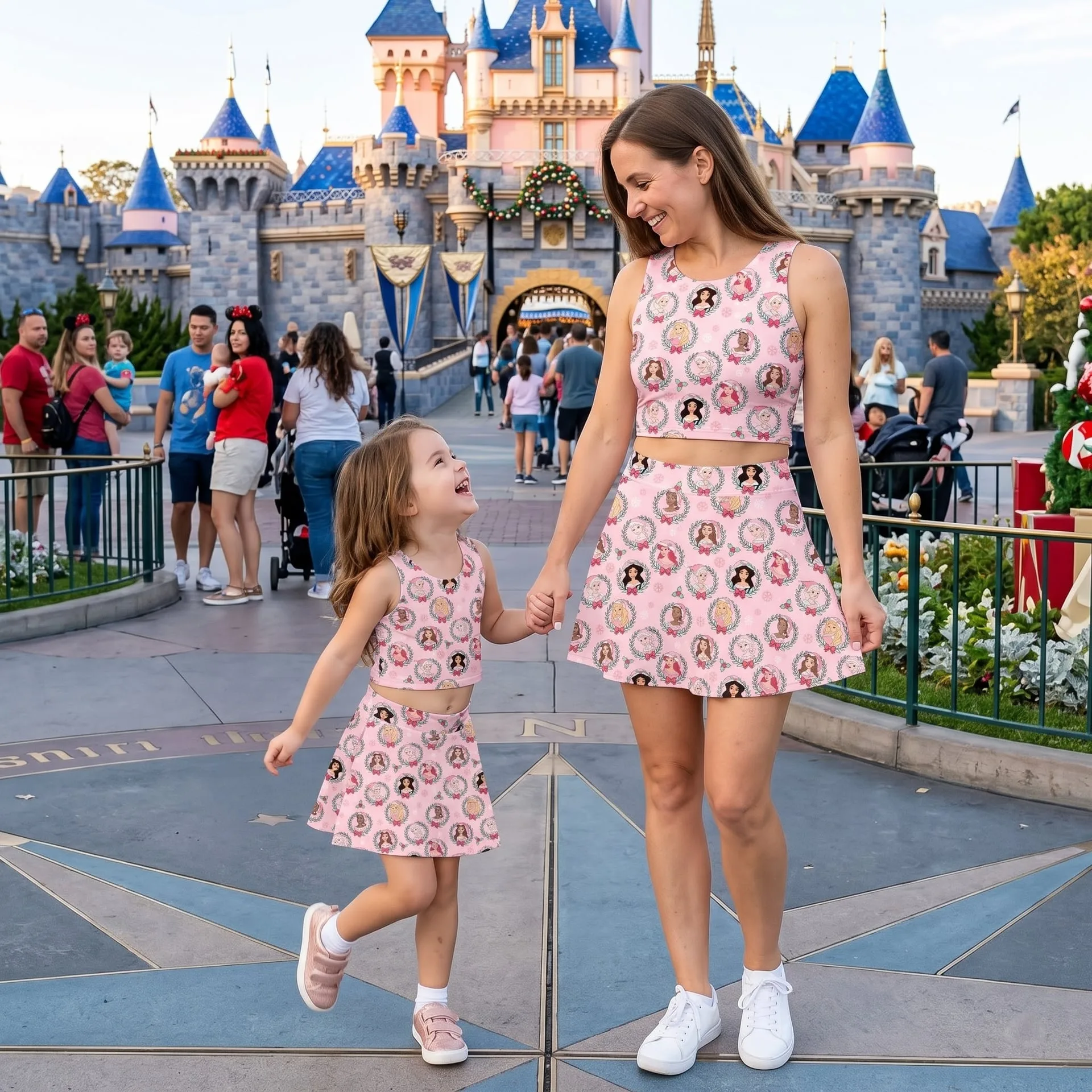 Disney Princess Dress Set, Pink Princess Character Print Two Piece Dress Set, Mother Daughter Matching Outfit, Disney Inspired Theme Park Vacation Clothing - Image 5