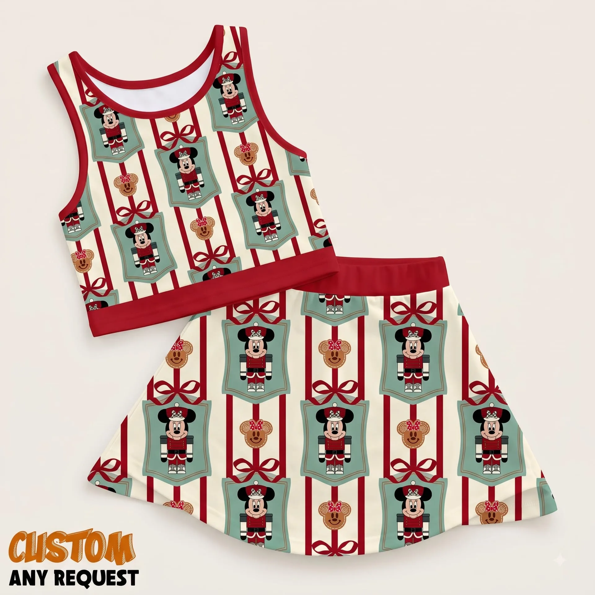 Christmas Dress Set, Holiday Nutcracker Mouse Two Piece Outfit, Girls Crop Top and Skirt Set, Red Christmas Matching Outfit, Custom Holiday Gift