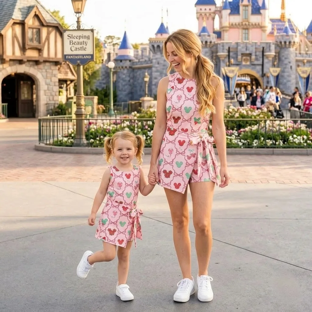 Mickey Inspired Mommy and Me Tennis Dress Skirt Set, Cute Pink Floral Mouse Print Matching Outfit, Sleeveless Tennis Dress and Skirt for Mom and Daughter, Disney Family Vacation Gift